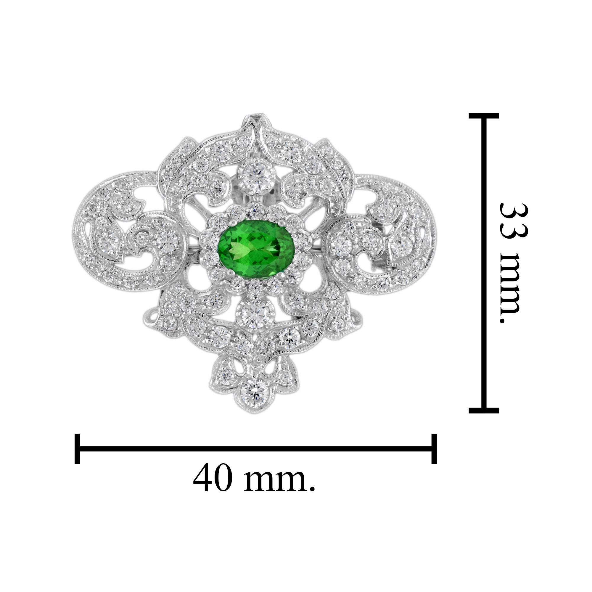 Tsavorite and Diamond Antique Style Brooch Pendant in 18k White Gold For Sale 1