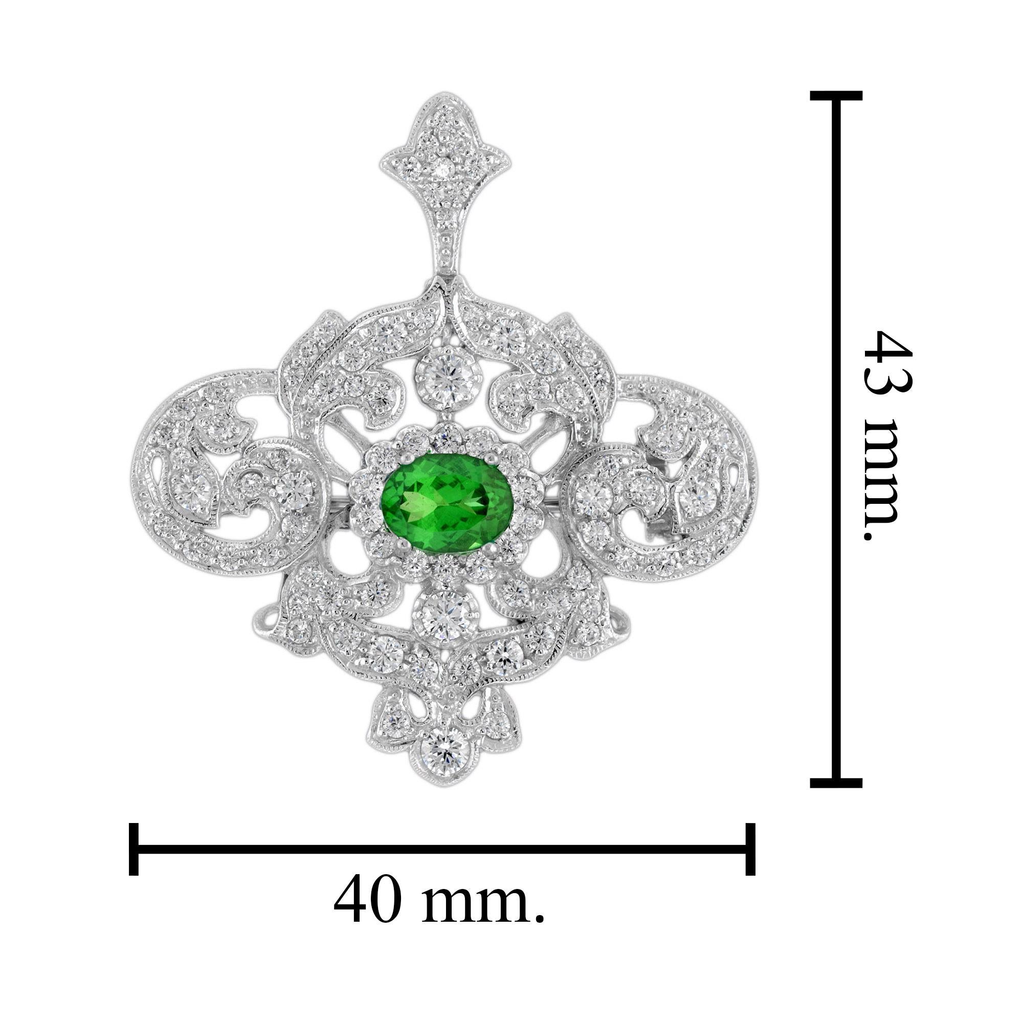 Tsavorite and Diamond Antique Style Brooch Pendant in 18k White Gold For Sale 2