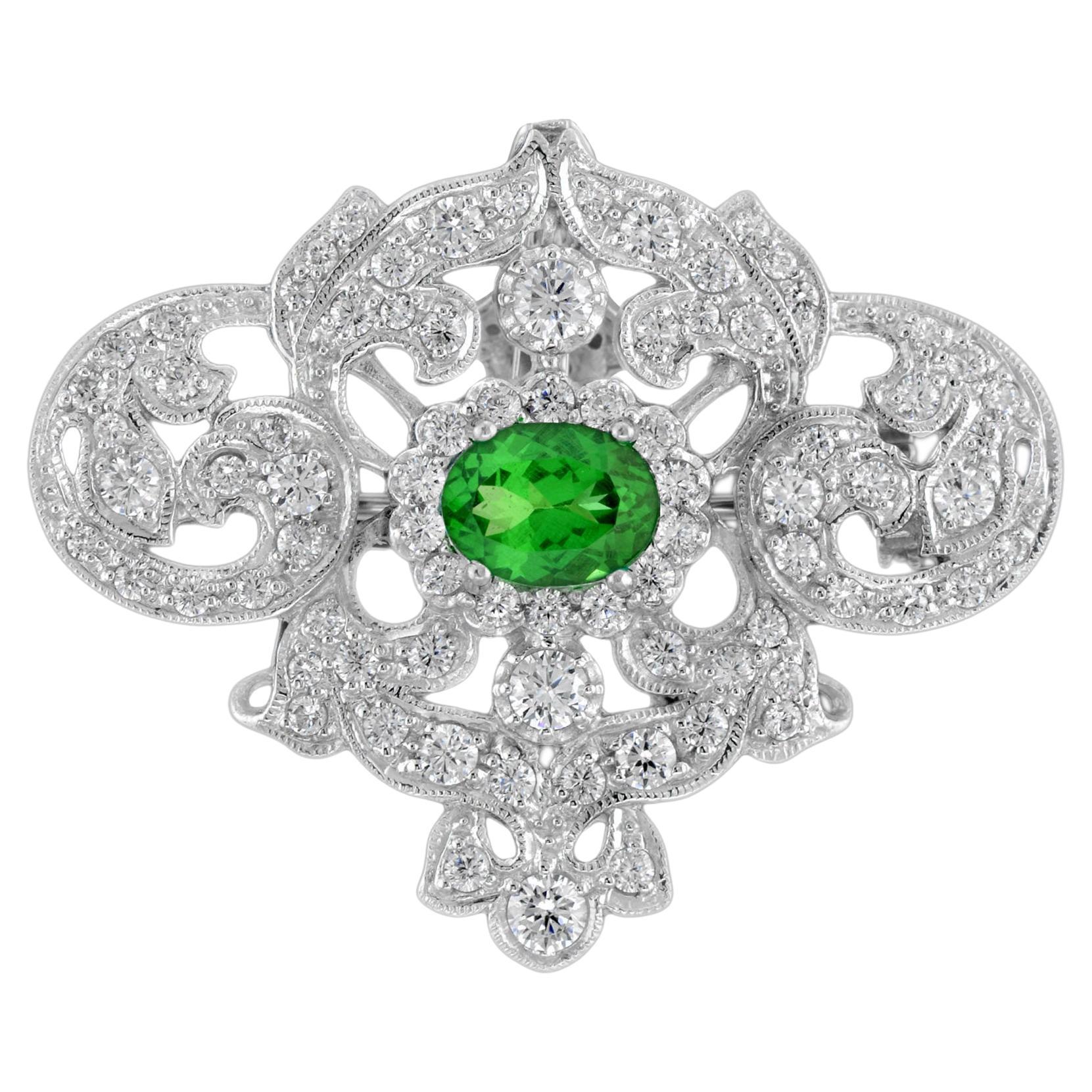Tsavorite and Diamond Antique Style Brooch Pendant in 18k White Gold For Sale
