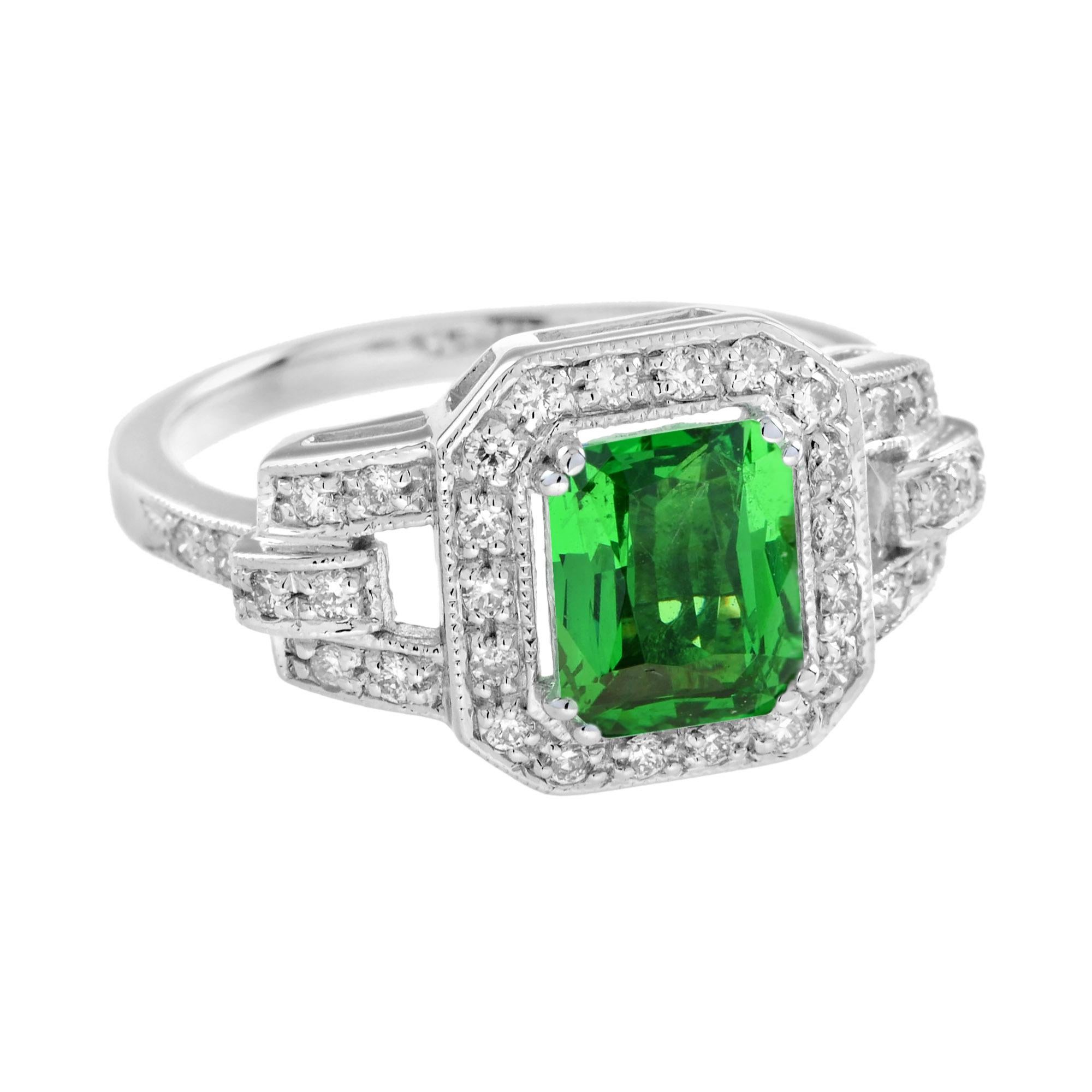 Emerald Cut Tsavorite and Diamond Art Deco Style Engagement Ring in 18K White Gold For Sale