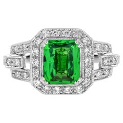 Tsavorite and Diamond Art Deco Style Engagement Ring in 18K White Gold