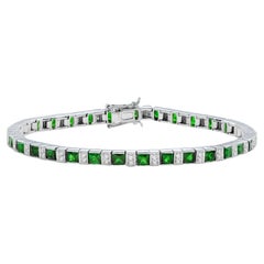 Tsavorite and Diamond Art Deco Style Tennis Bracelet in 18k White Gold