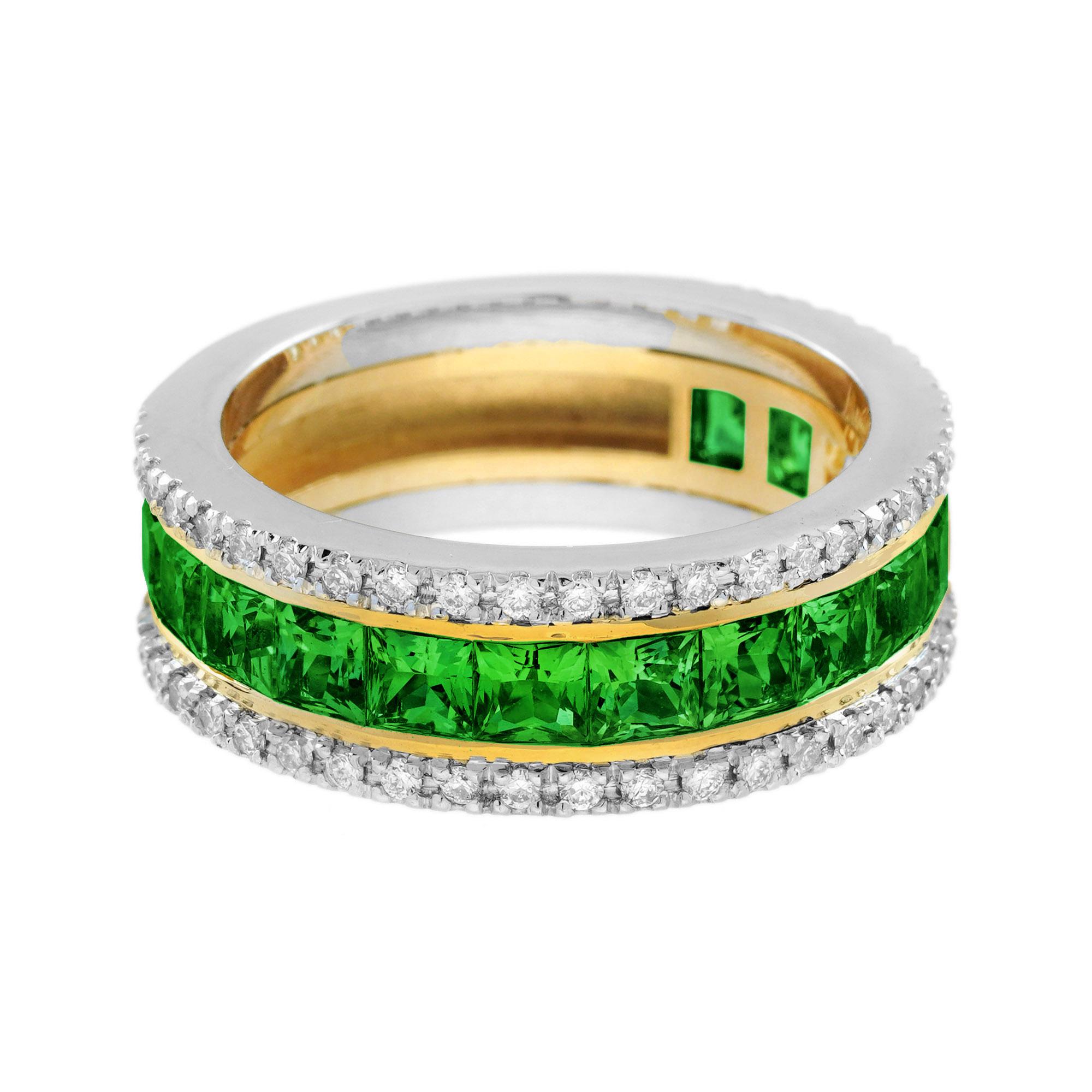 Here is a ring you will fall in love for an eternity. This Asscher cut yellow vibrant green color tsavorite is a unique take on a favorite. Featuring top and bottom rows of 0.40 carat round brilliant cut diamonds, this 18k gold ring is a vision of