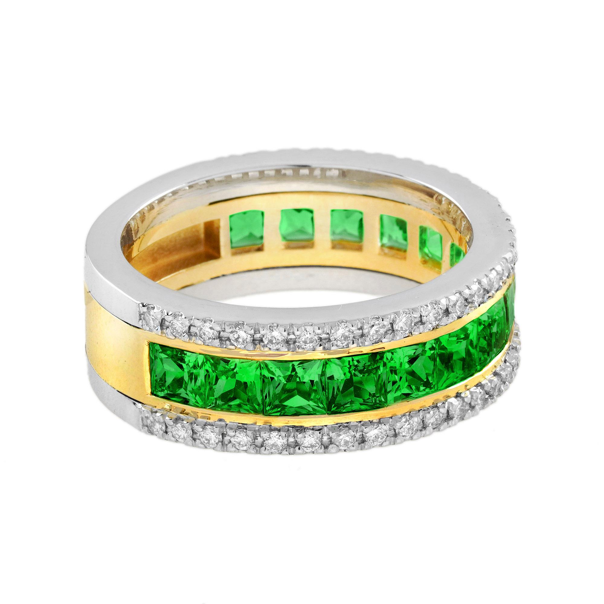 Emerald Cut Tsavorite and Diamond Classic Half Eternity Band Ring in 18K Yellow Gold For Sale