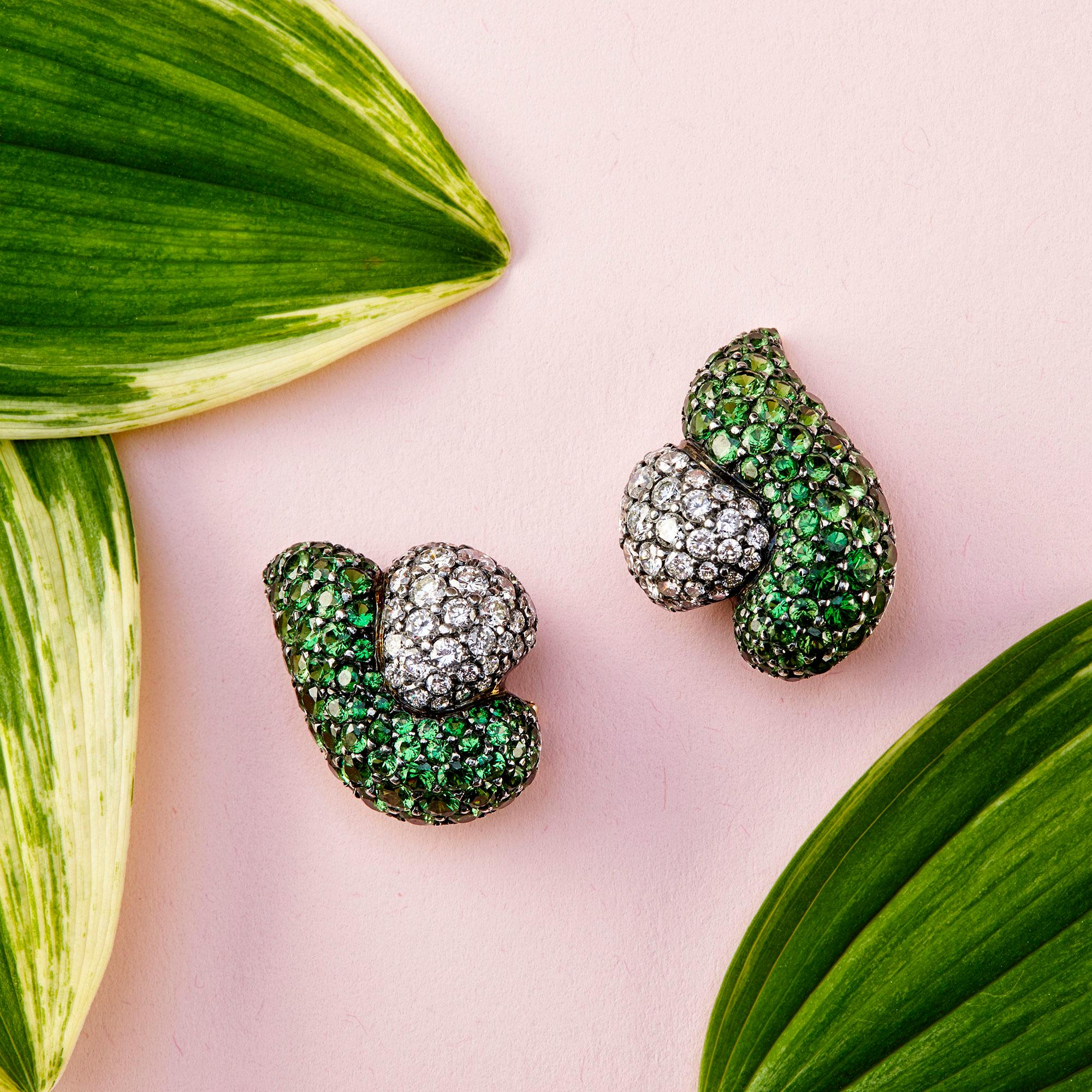 Contemporary Tsavorite and Diamond Earclips For Sale