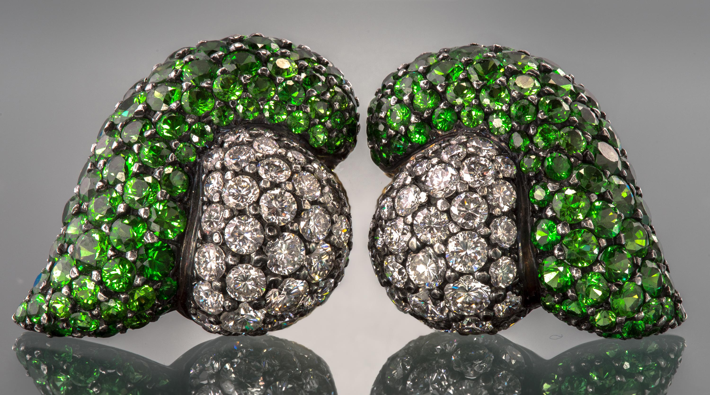 Tsavorite and Diamond Earclips For Sale 1