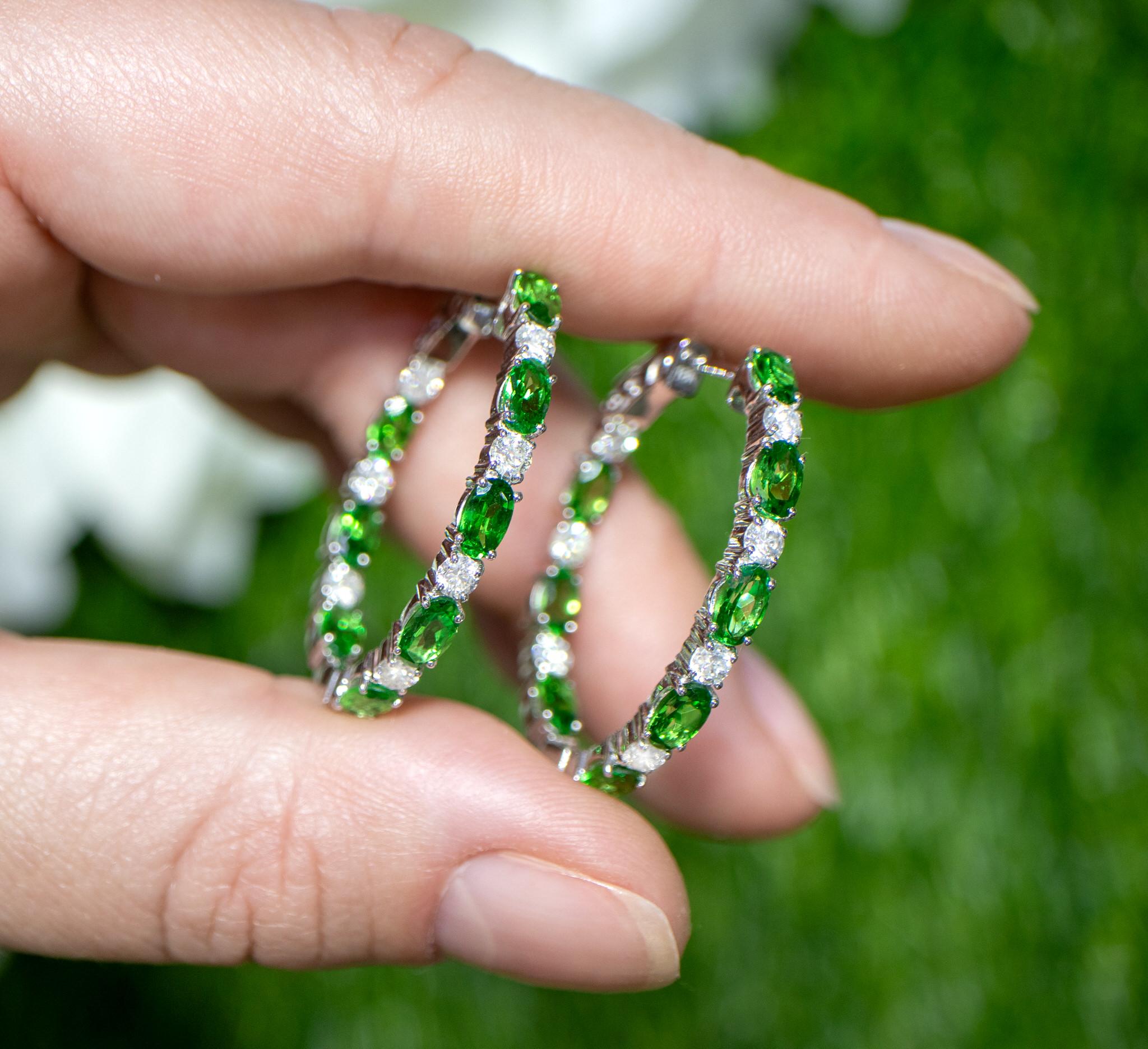 Oval Cut Tsavorite and Diamond Hoop Earrings 5.43 Carats 18K Gold For Sale