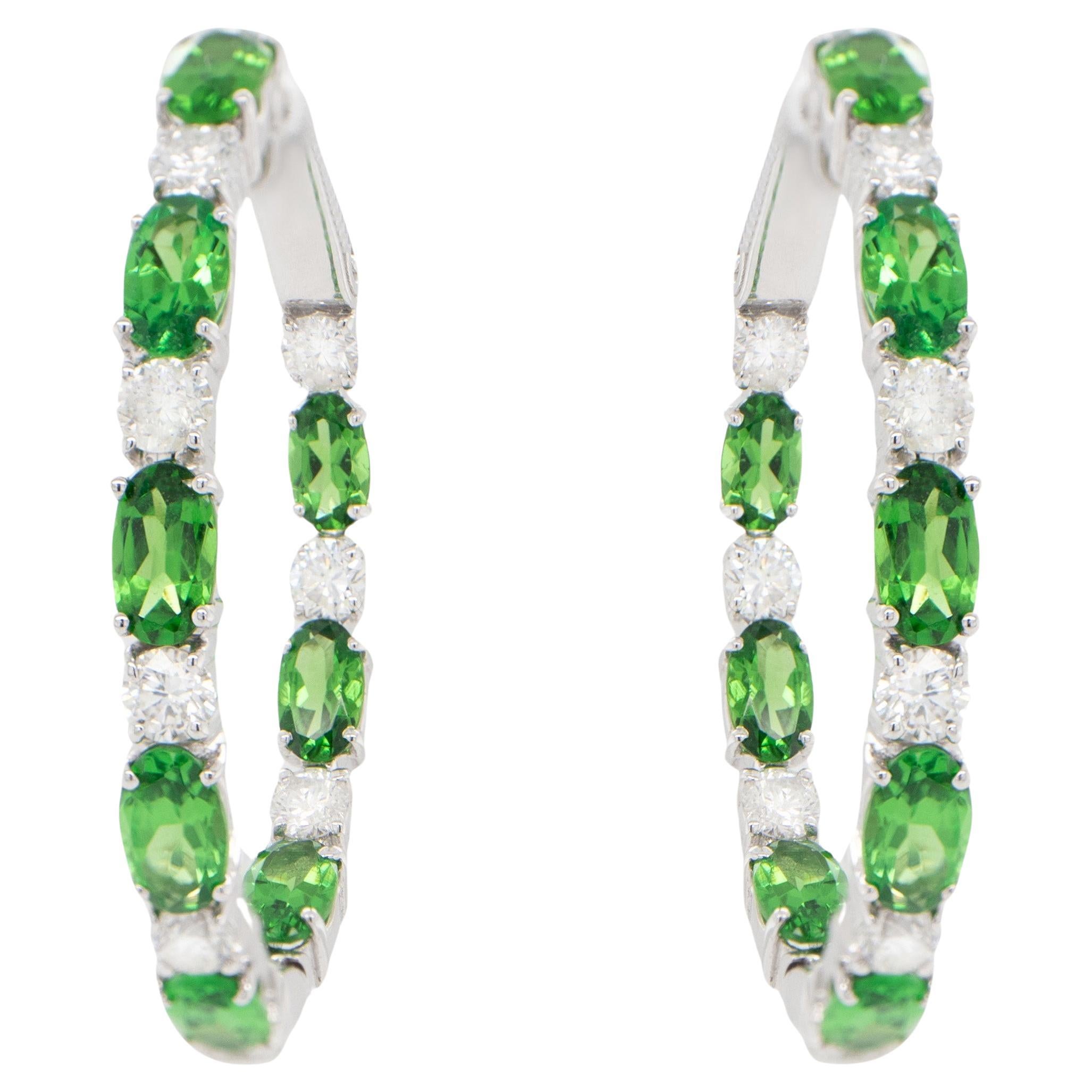 Tsavorite and Diamond Hoop Earrings 5.43 Carats 18K Gold For Sale
