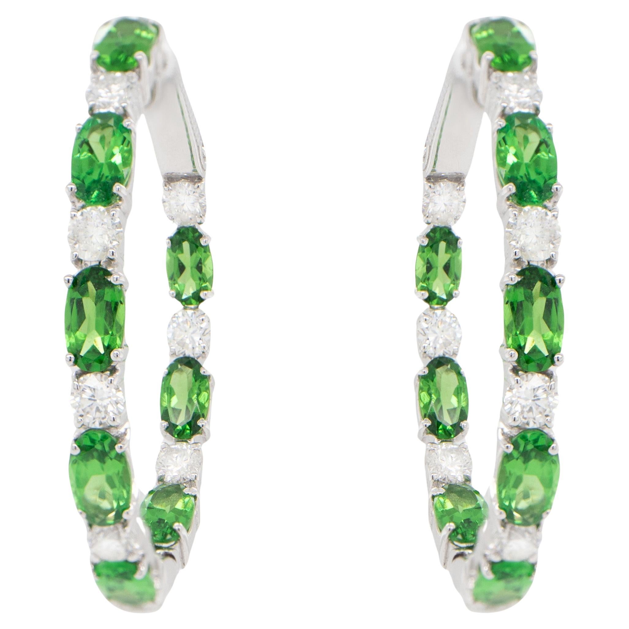 Tsavorite and Diamond Hoop Earrings 5.43 Carats 18K Gold