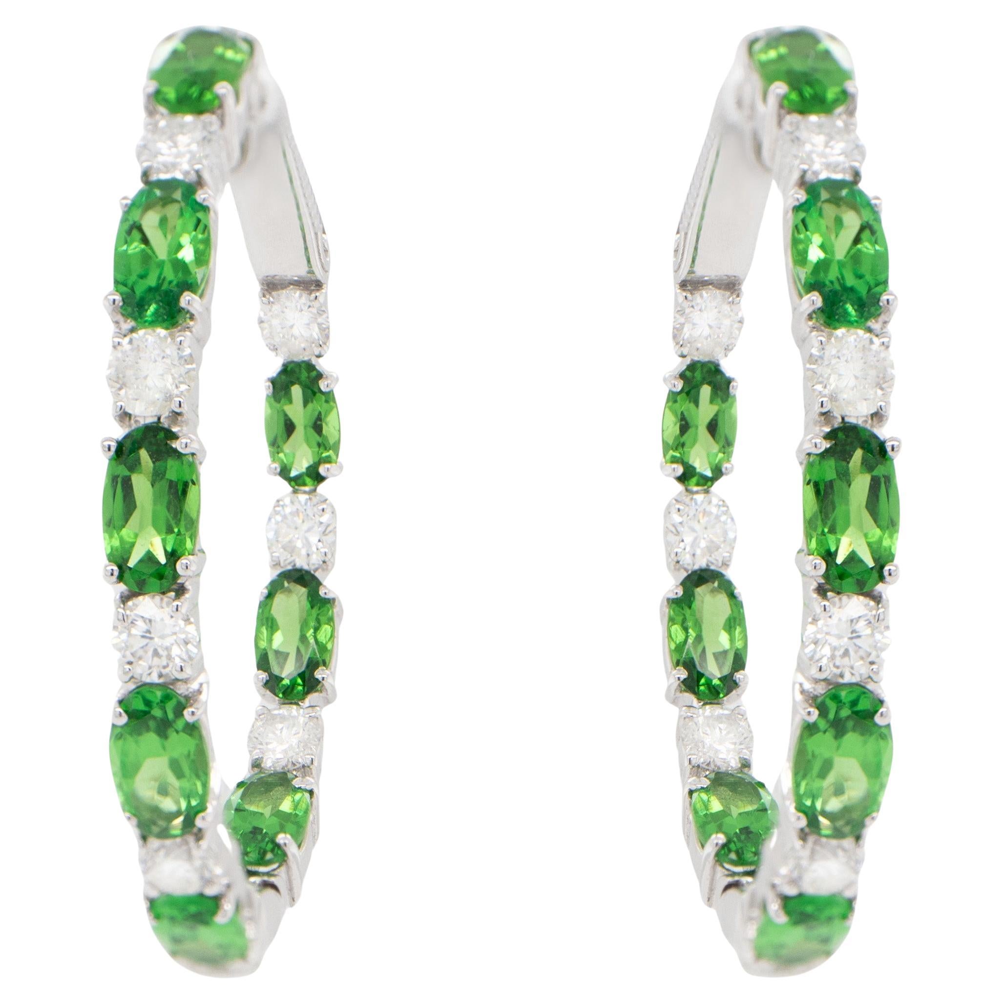 Tsavorite and Diamond Hoop Earrings 5.43 Carats 18K Gold