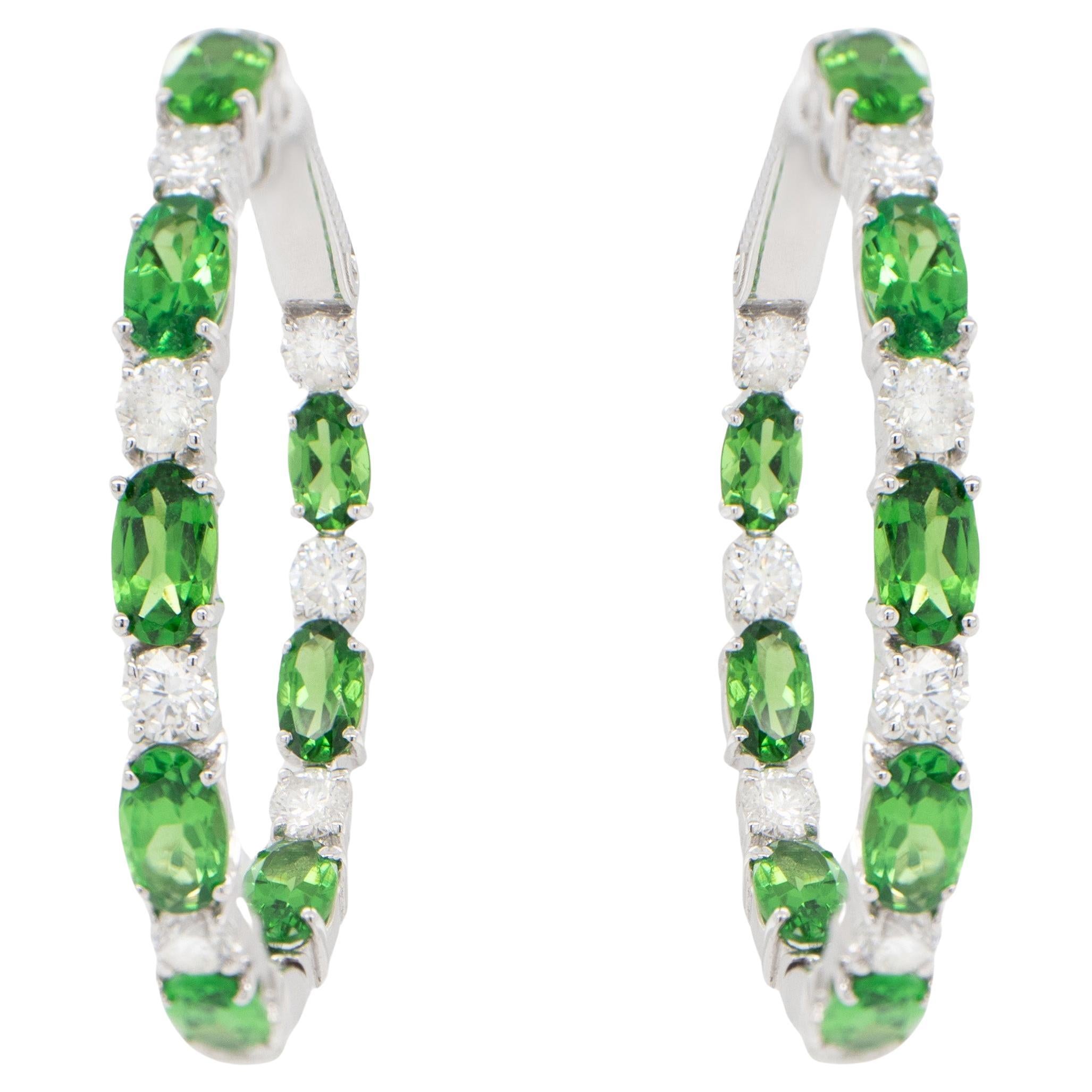 Tsavorite and Diamond Hoop Earrings 5.43 Carats 18K Gold For Sale