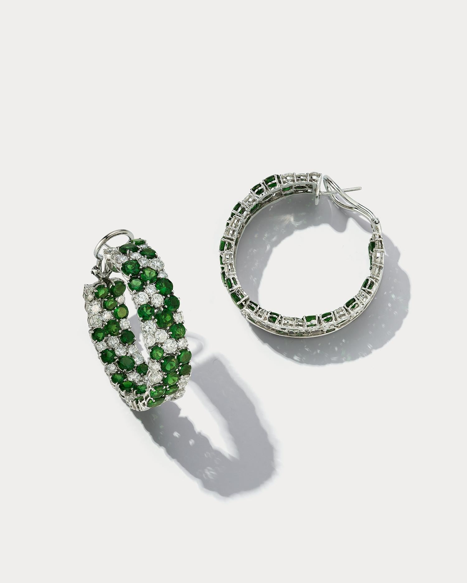 Round Cut Tsavorite and Diamond Hoops For Sale