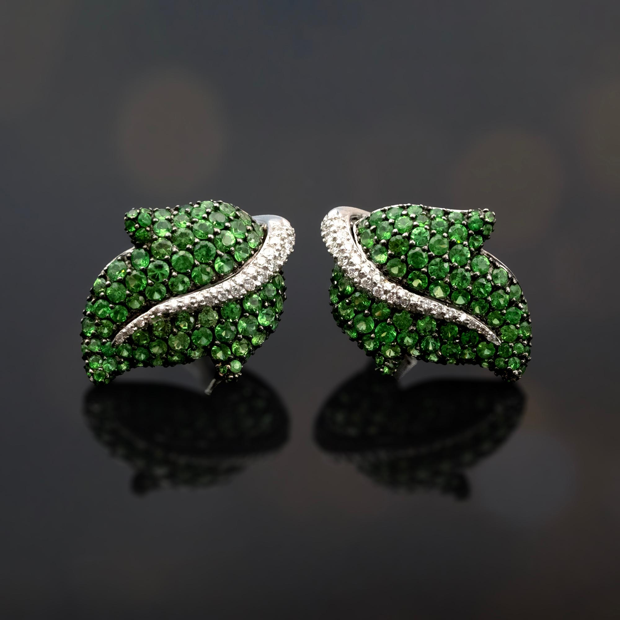 Modern Tsavorite and Diamond Leaf Earrings For Sale