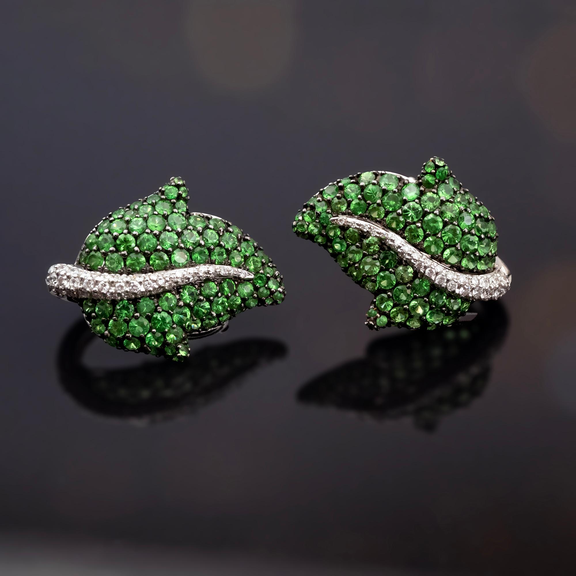 Round Cut Tsavorite and Diamond Leaf Earrings For Sale