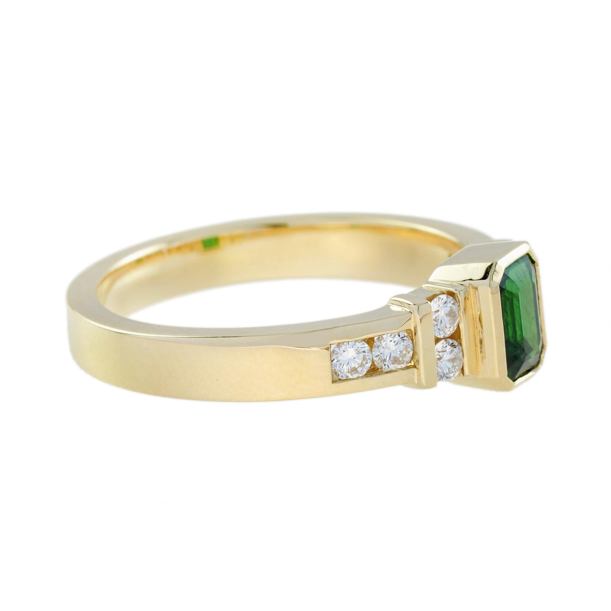 Emerald Cut Tsavorite and Diamond Solitaire Engagement Ring in 18K Yellow Gold For Sale