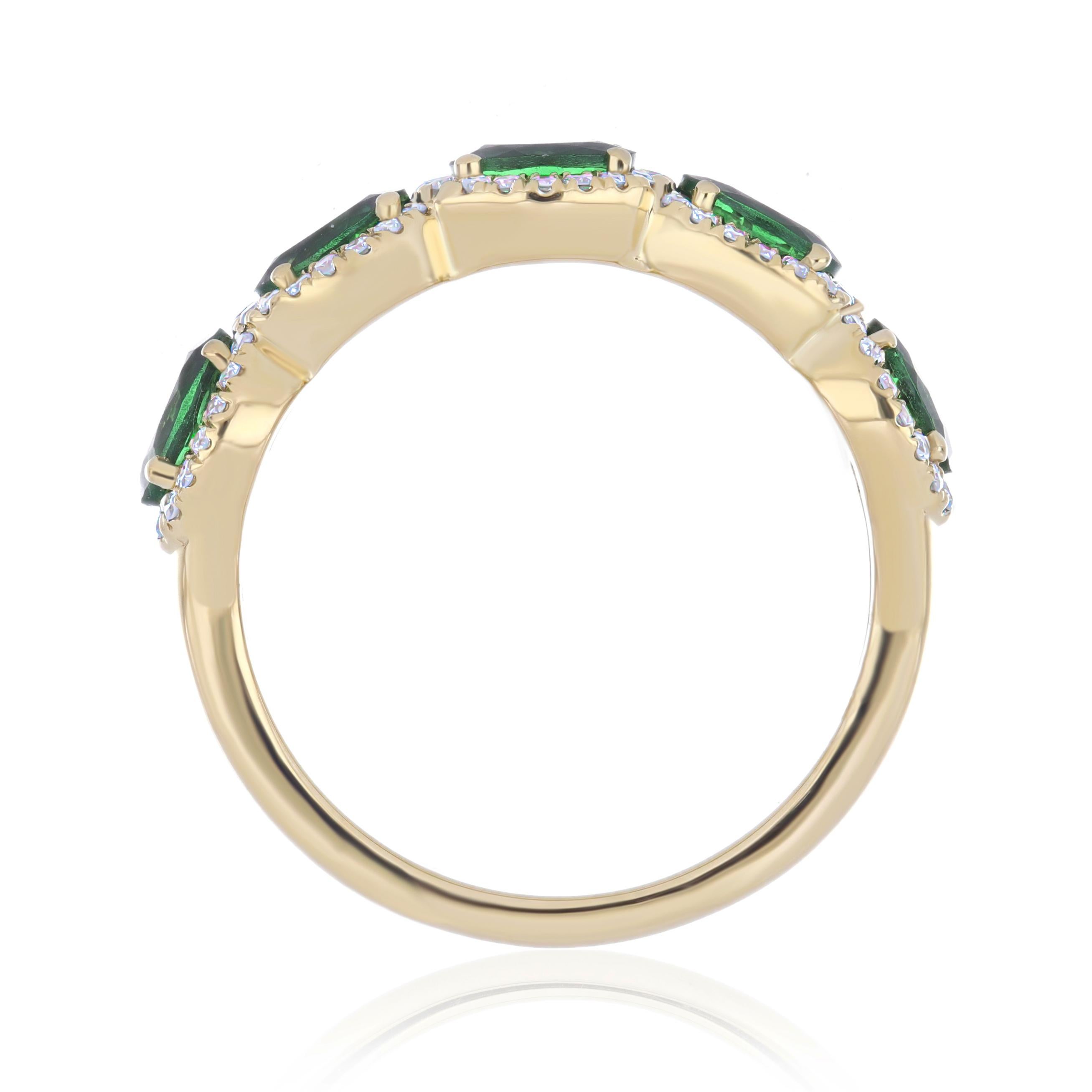 Women's Tsavorite and Diamond Studded hand-crafted ring in 18 Karat Yellow Gold For Sale