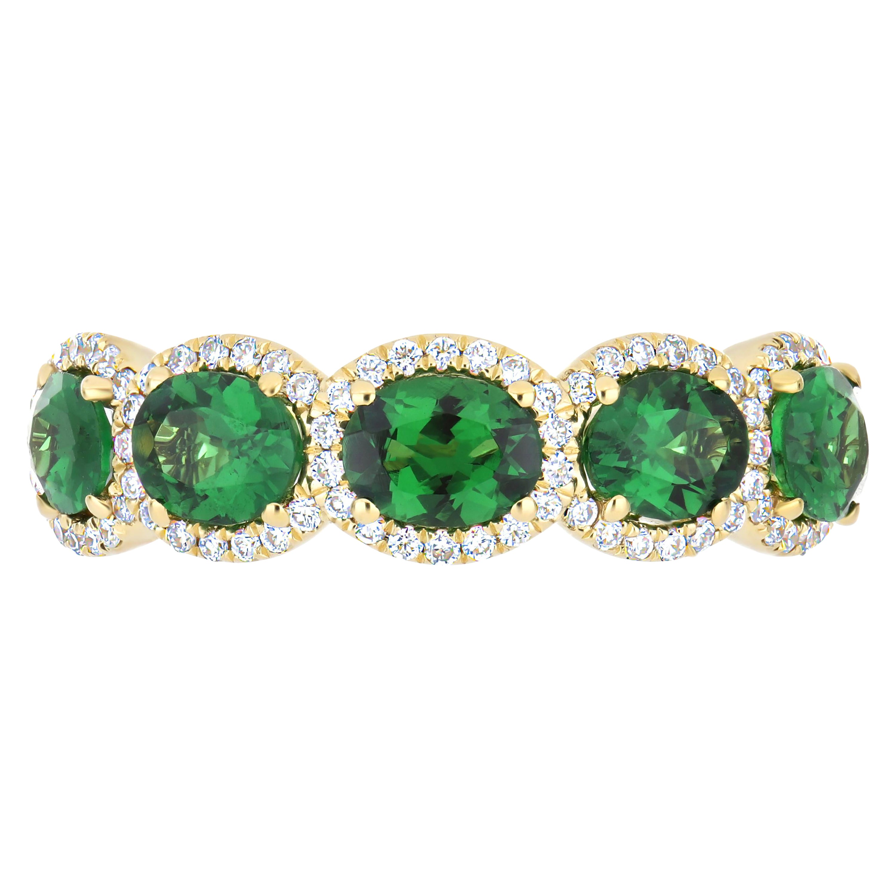 Anillo artesanal de oro amarillo de 18 quilates con tachuelas de tsavorita y diamantes