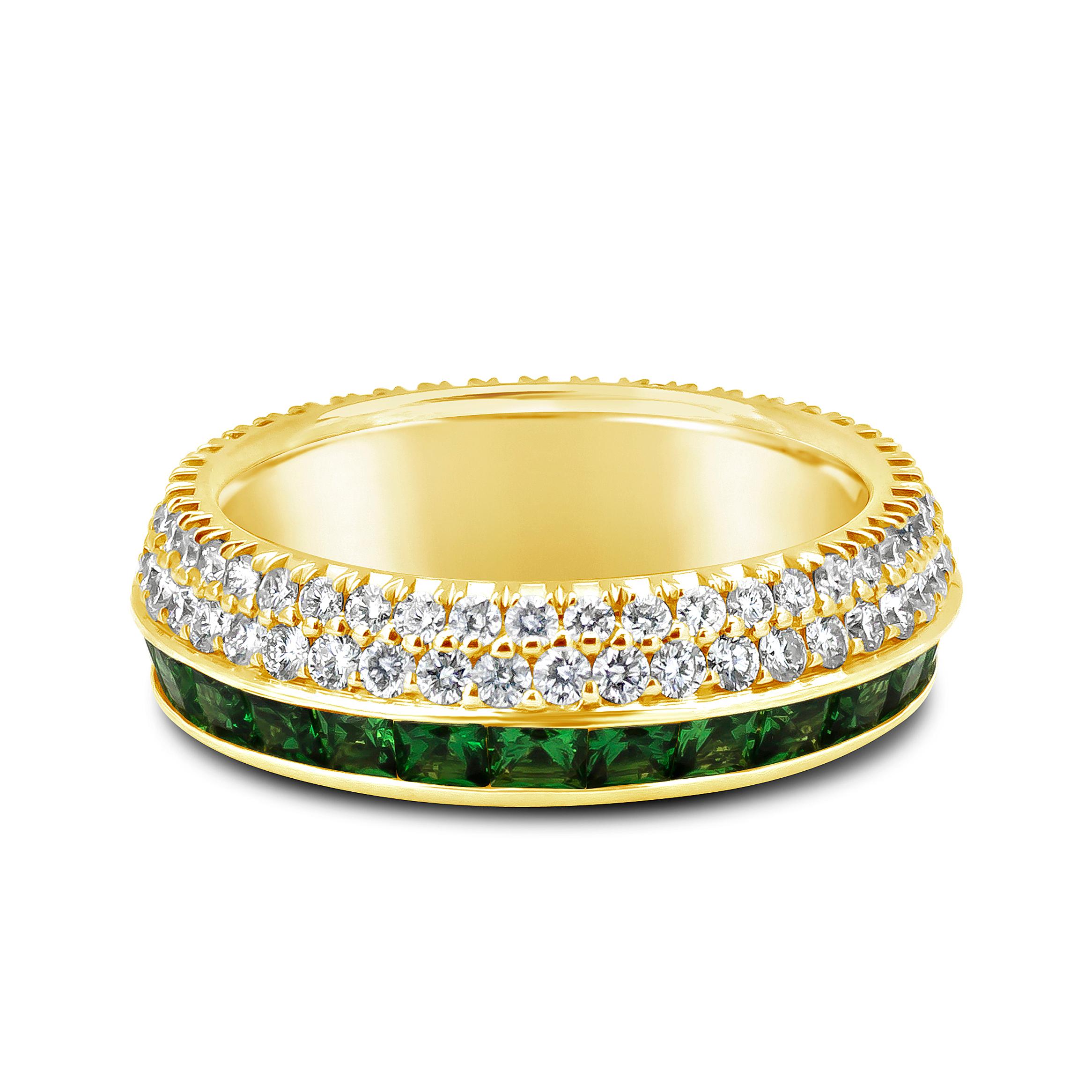 A modern and chic wedding band style showcasing a row of color-rich tsavorites weighing 2.26 carat, and round brilliant diamonds weighing 1.10 carats total. Made with 18K Yellow Gold Size 6.75 US.

Style available in different price ranges. Prices