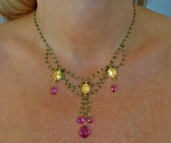Tsavorite and Rubelite 18 Karat Yellow Gold Bead Drop Festoon Necklace