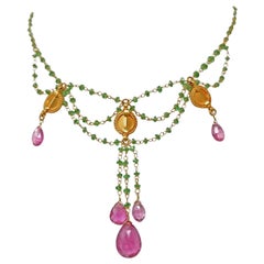 Tsavorite and Rubelite 18 Karat Yellow Gold Bead Drop Festoon Necklace