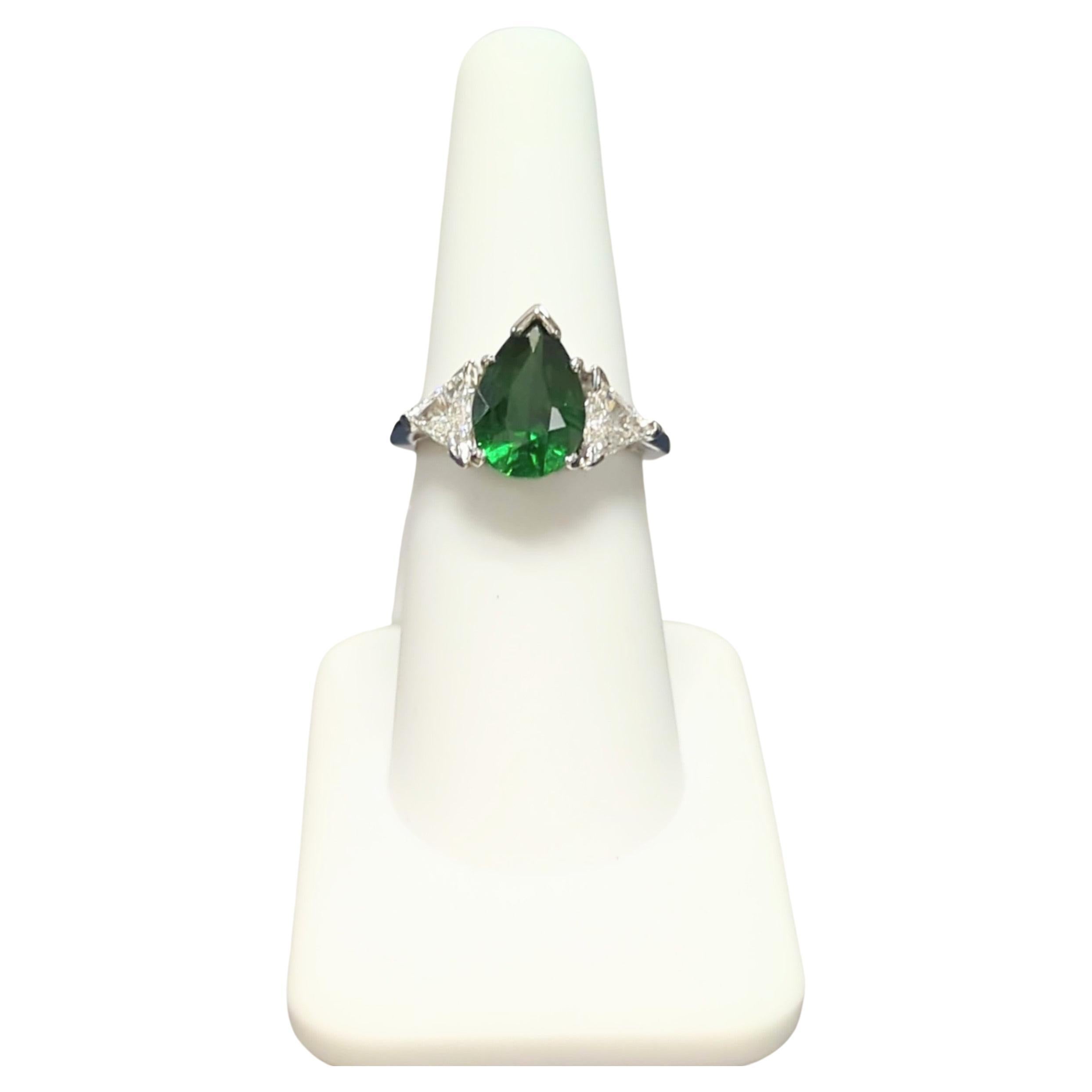 Tsavorite and White Diamond Three Stone Ring in Platinum For Sale 1