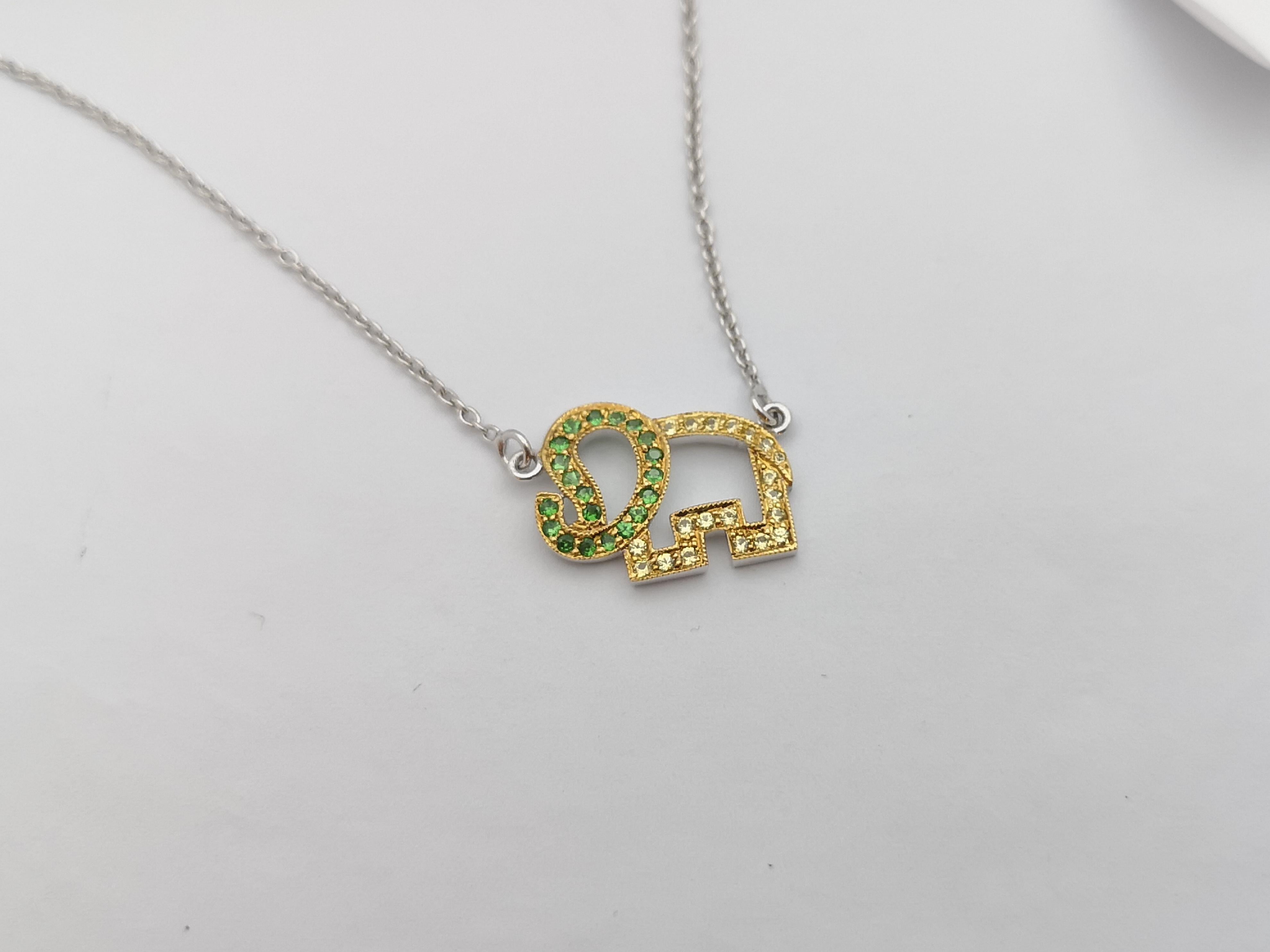 Contemporary Tsavorite and Yellow Sapphire Elephant Necklace set in Silver Settings For Sale