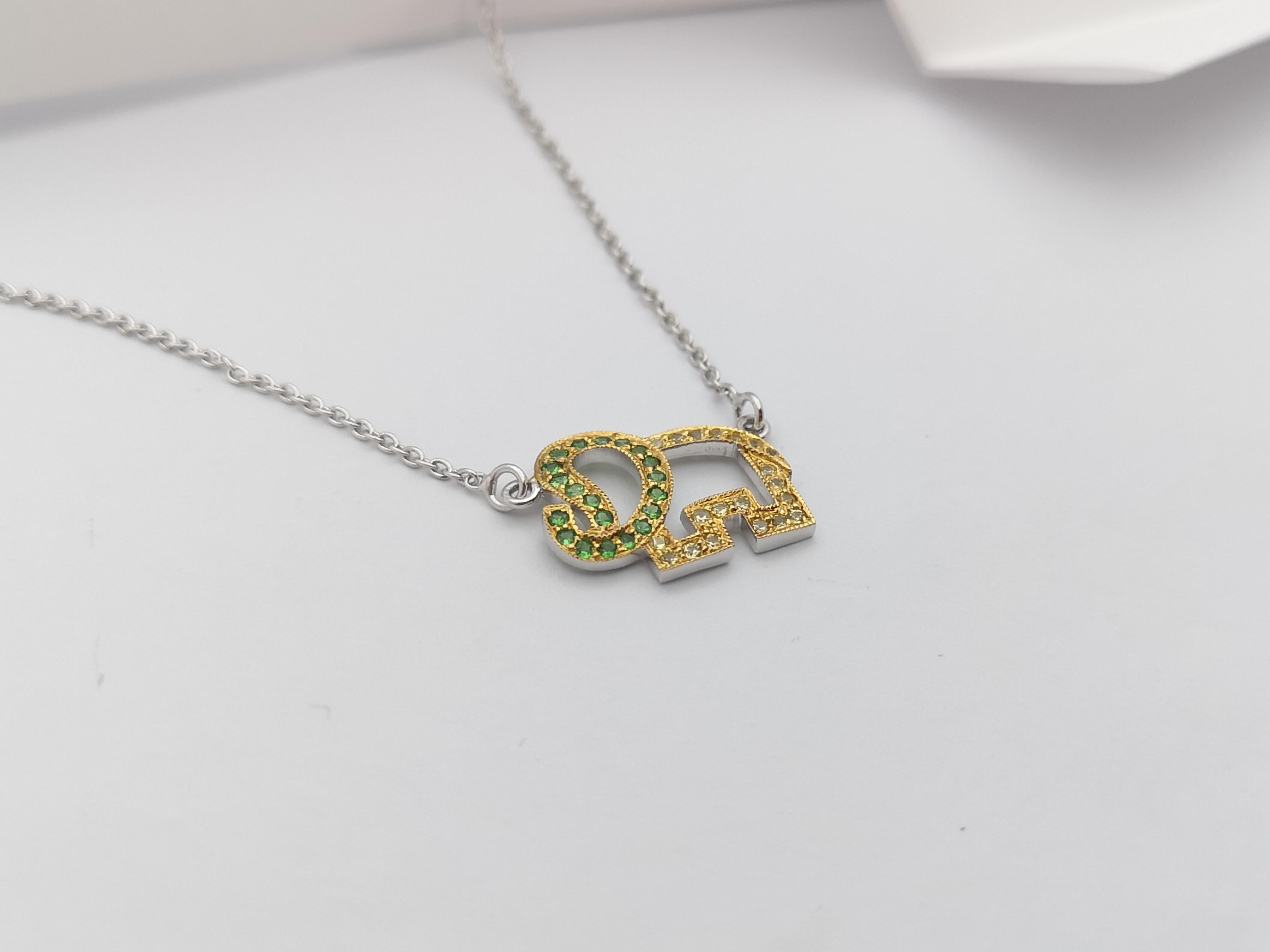 Brilliant Cut Tsavorite and Yellow Sapphire Elephant Necklace set in Silver Settings For Sale