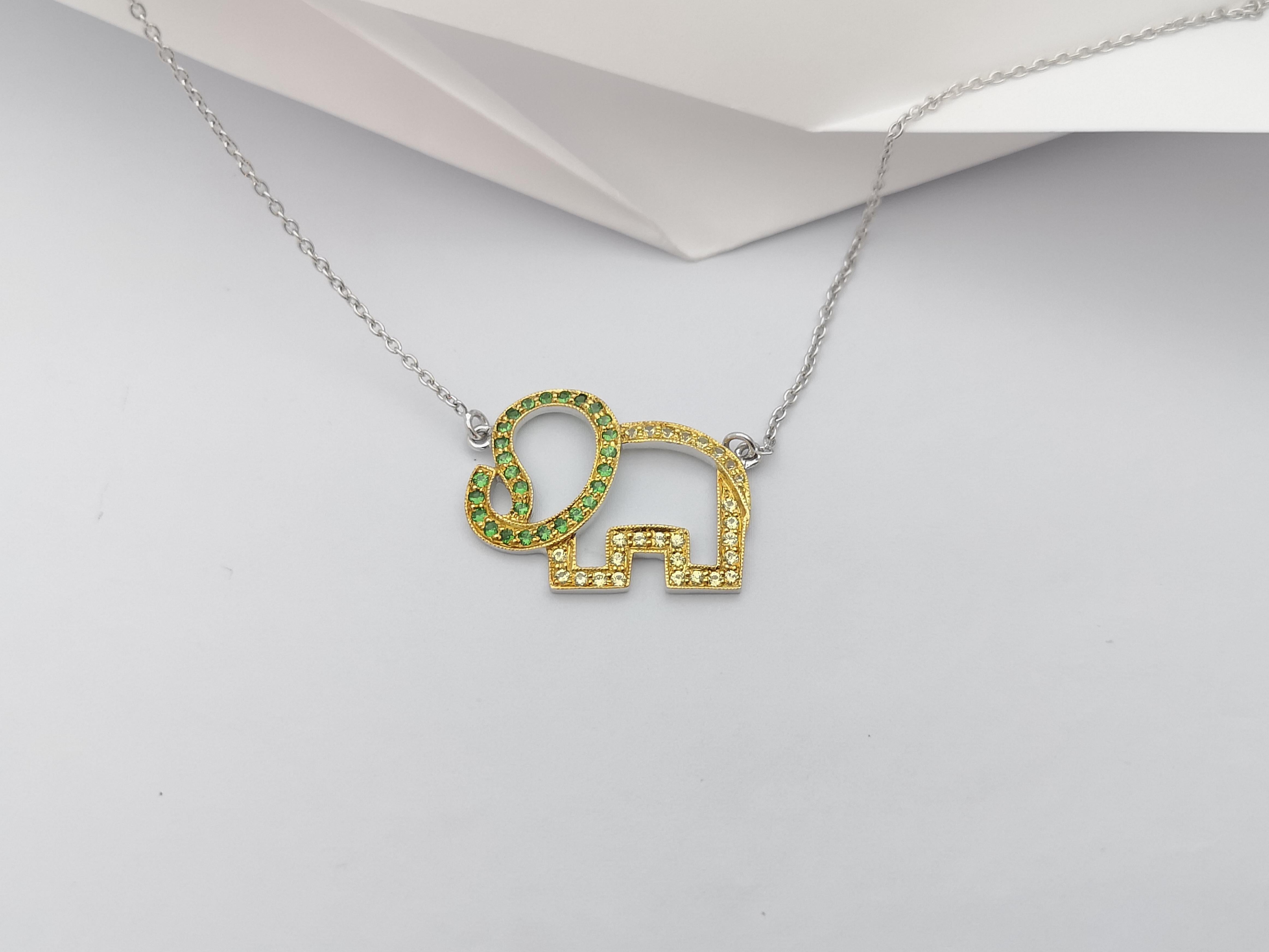 Brilliant Cut Tsavorite and Yellow Sapphire Elephant Necklace set in Silver Settings For Sale
