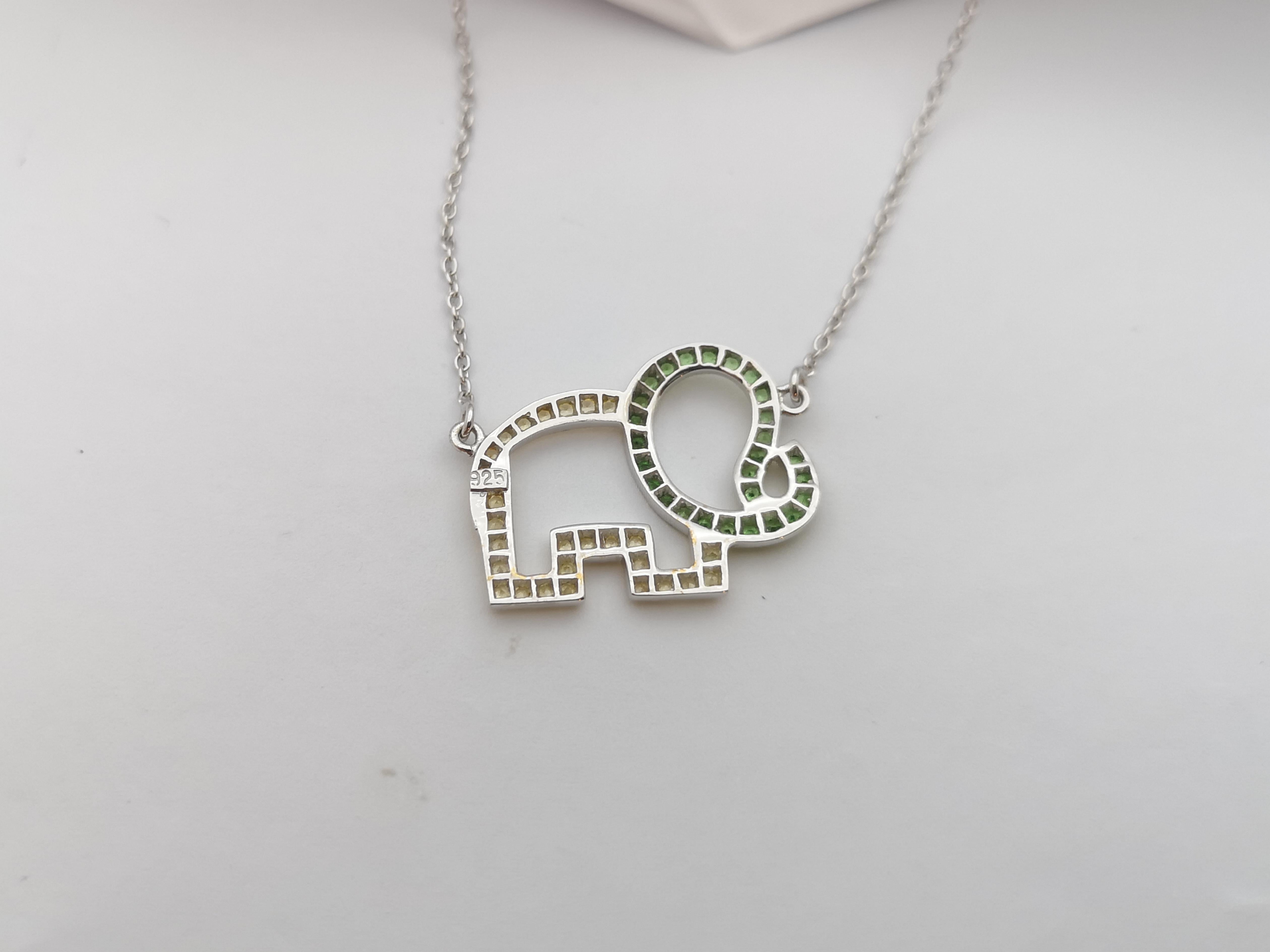 Women's or Men's Tsavorite and Yellow Sapphire Elephant Necklace set in Silver Settings For Sale