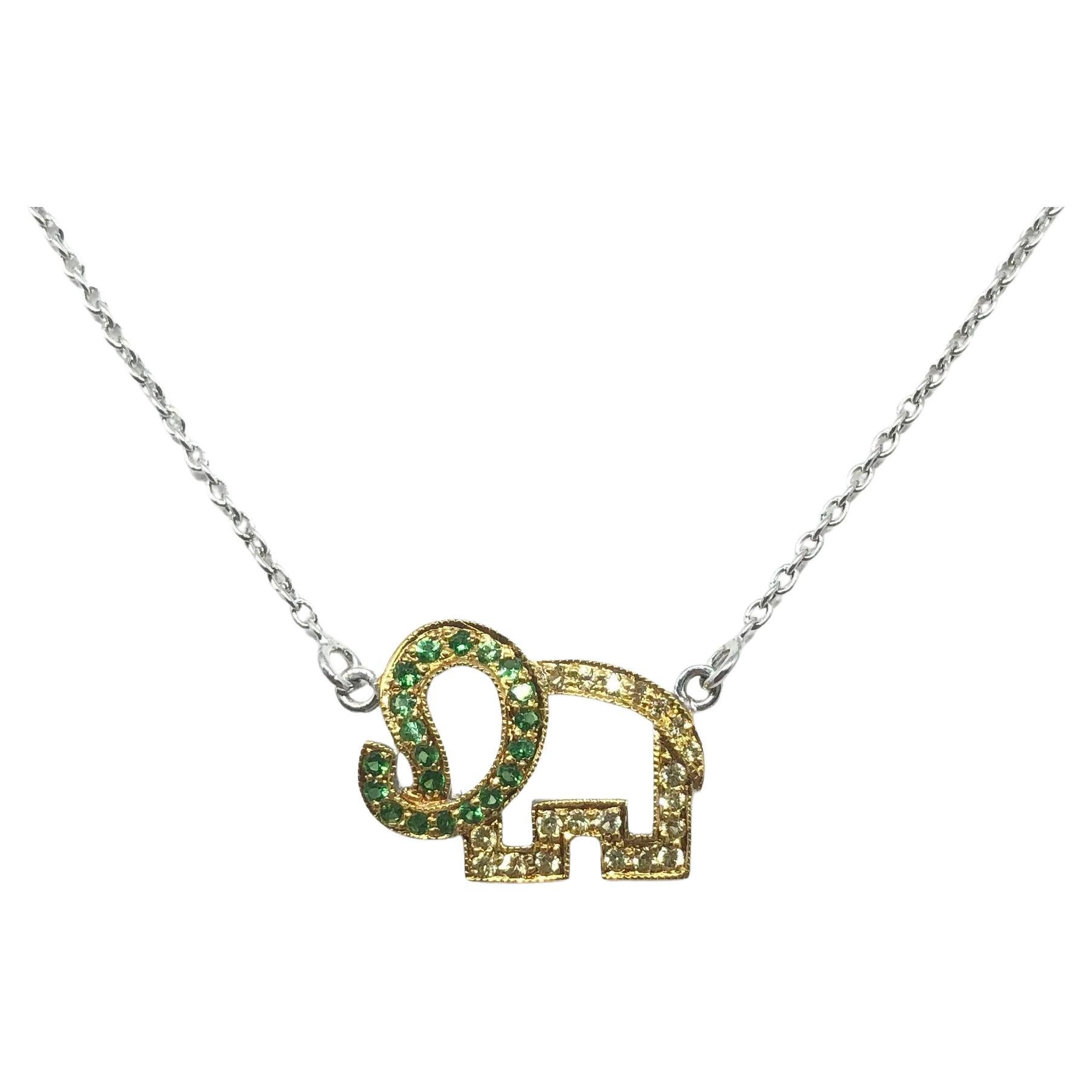 Tsavorite and Yellow Sapphire Elephant Necklace set in Silver Settings For Sale