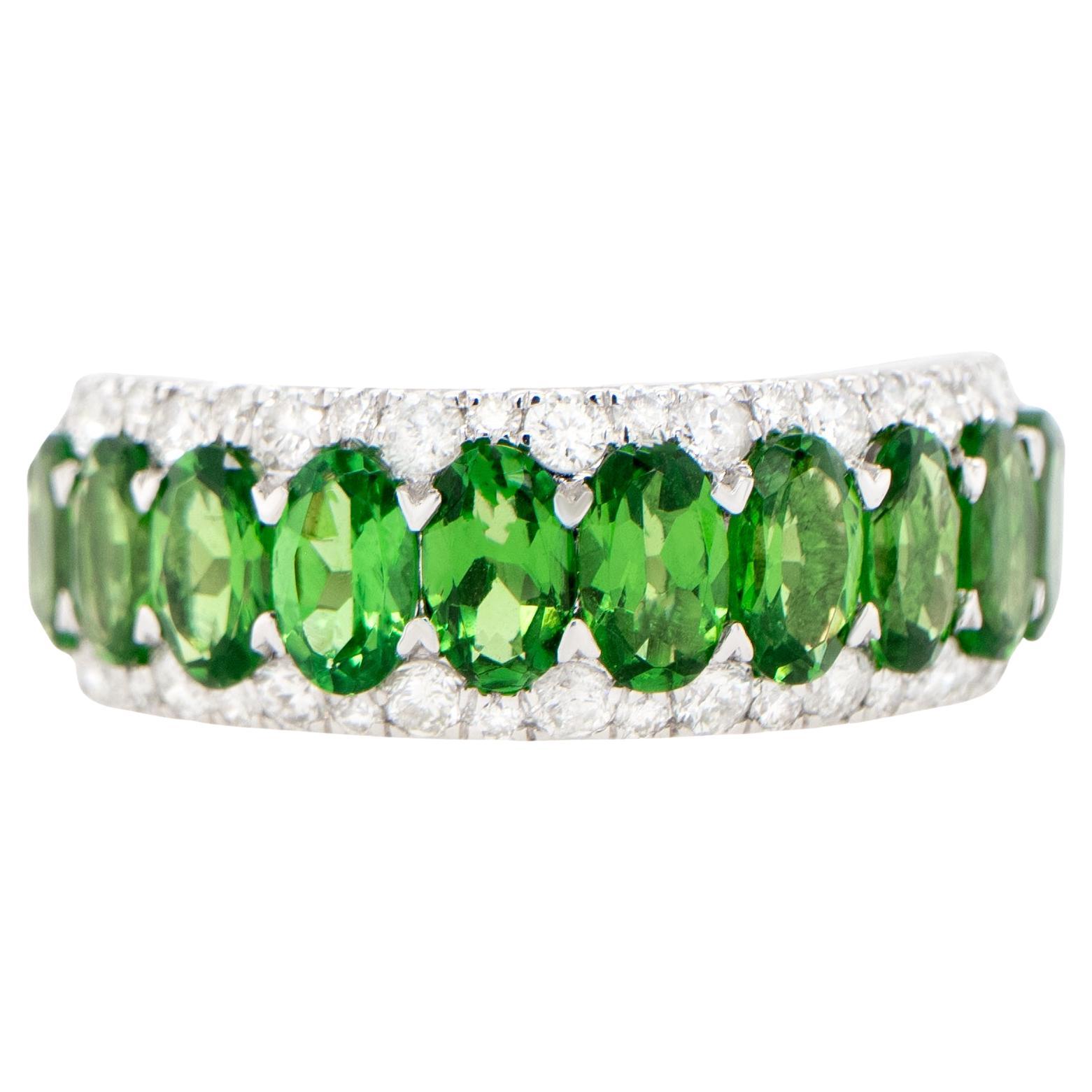 Tsavorite Band Ring With Diamonds 2 Carats 18K Gold For Sale