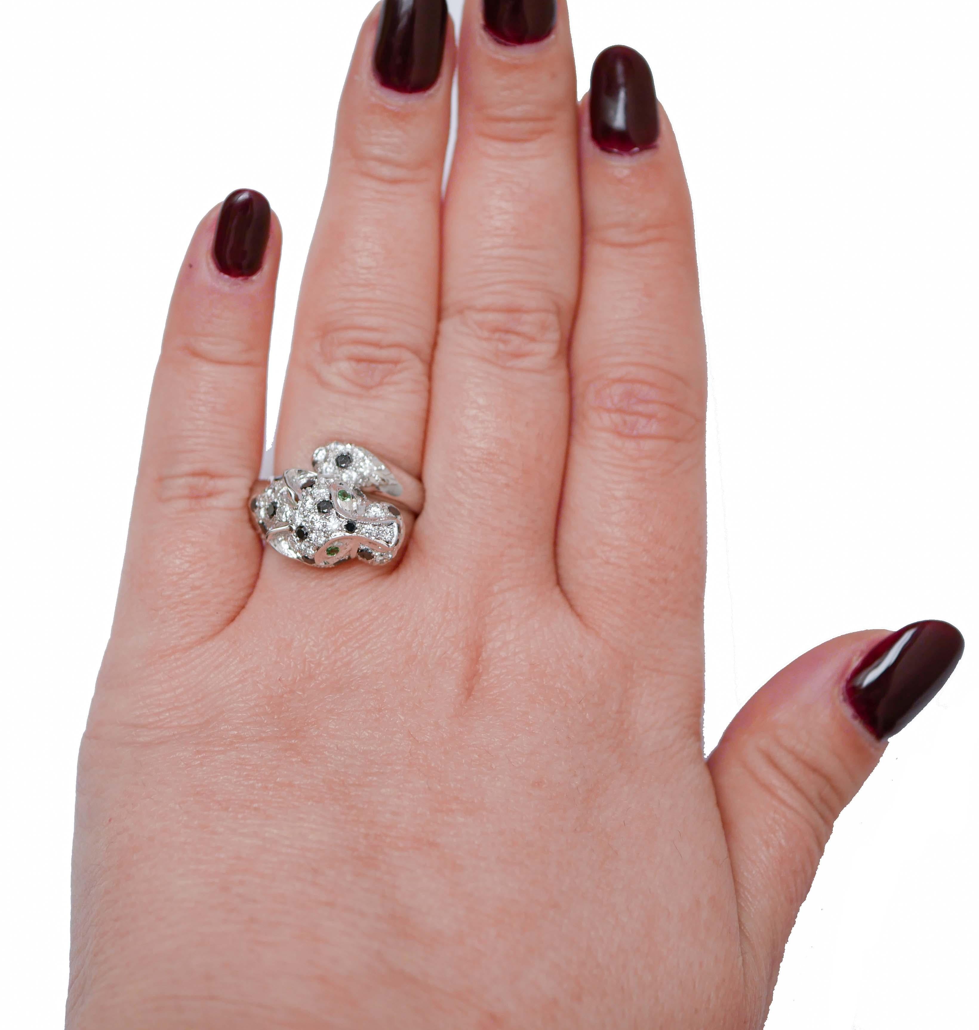 Mixed Cut Tsavorite, Black Diamonds and White Diamonds, 18 Karat White Gold Ring. For Sale