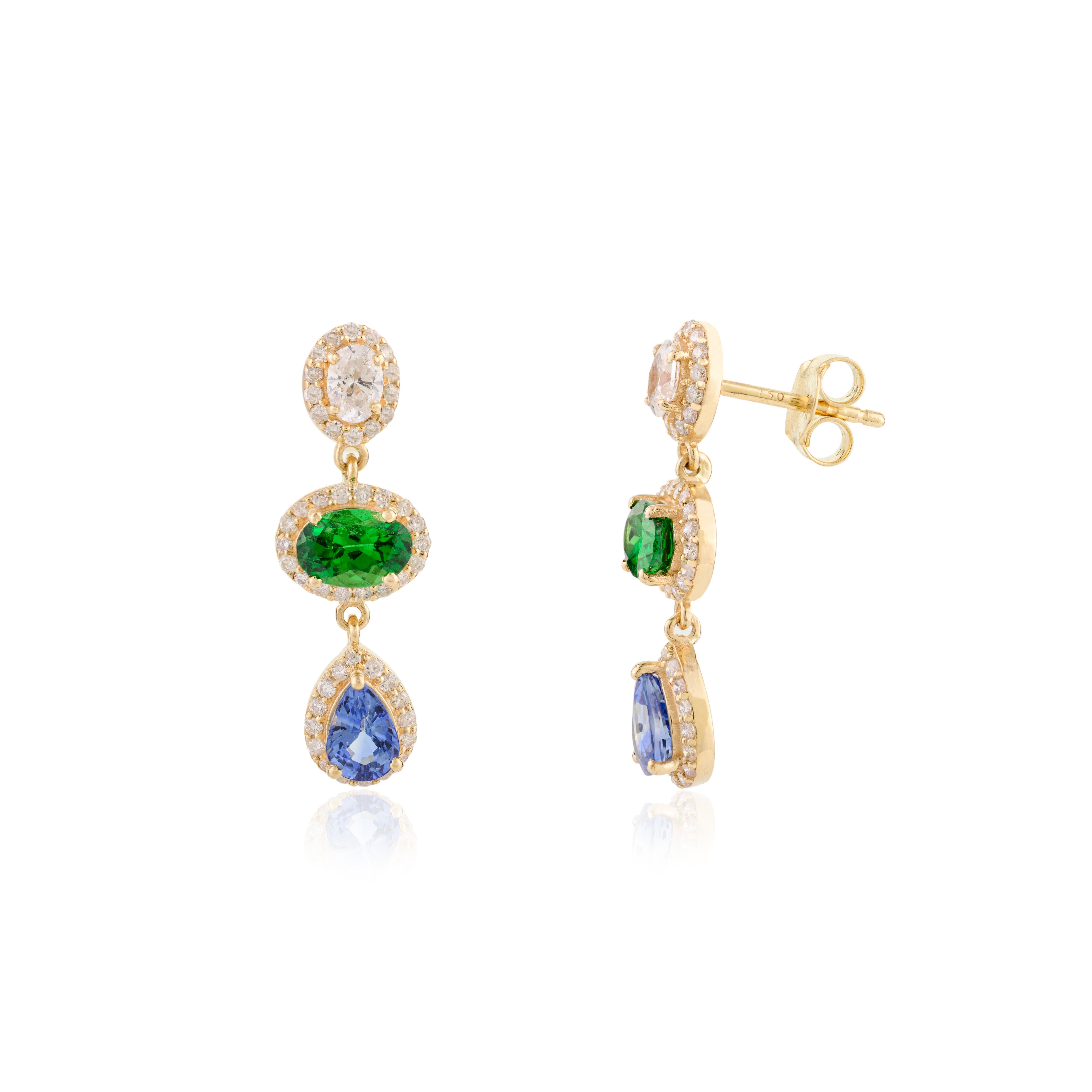 Tsavorite Blue Sapphire Halo Diamond Dangle Earrings Made in 18k Yellow Gold For Sale 4