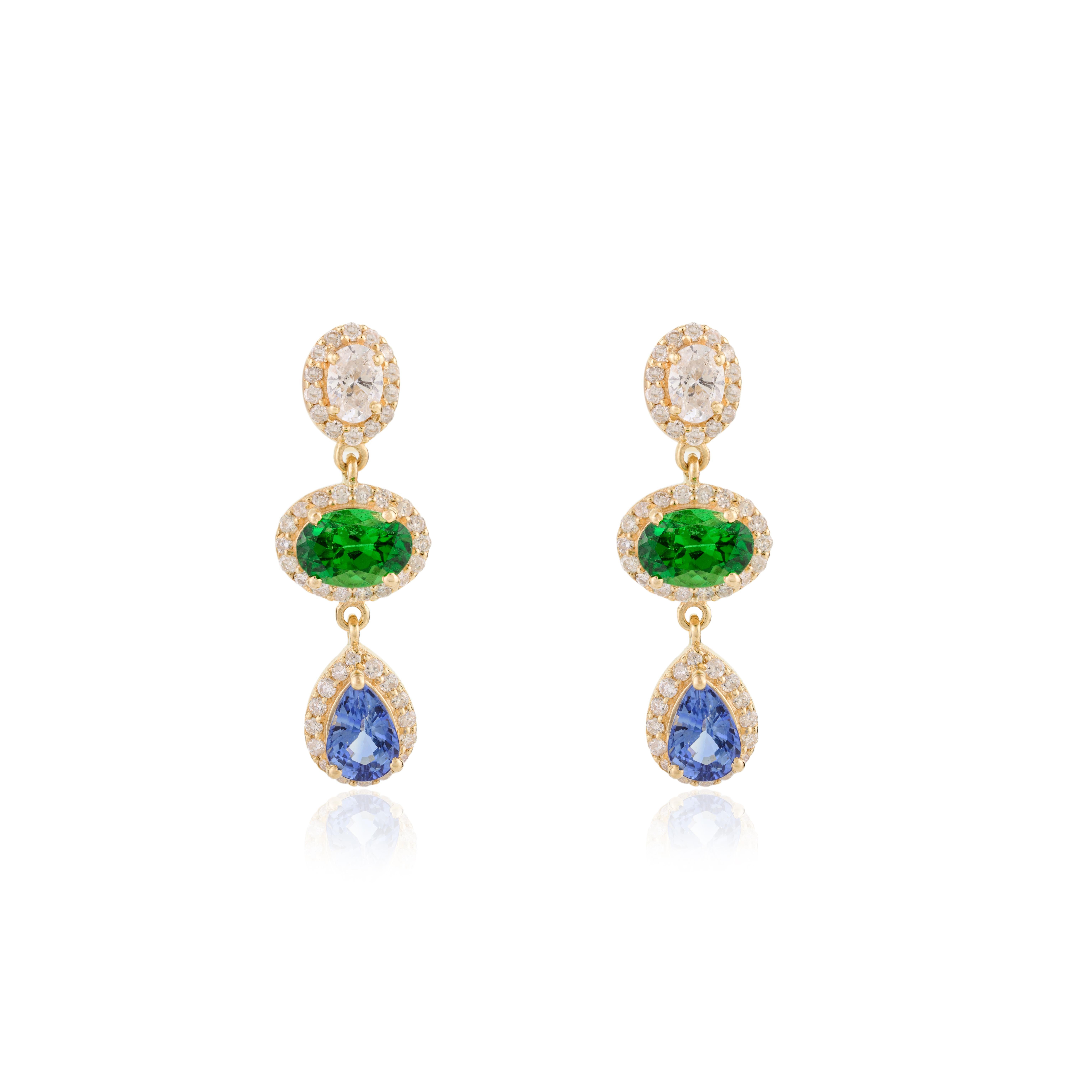 Art Deco Tsavorite Blue Sapphire Halo Diamond Dangle Earrings Made in 18k Yellow Gold For Sale
