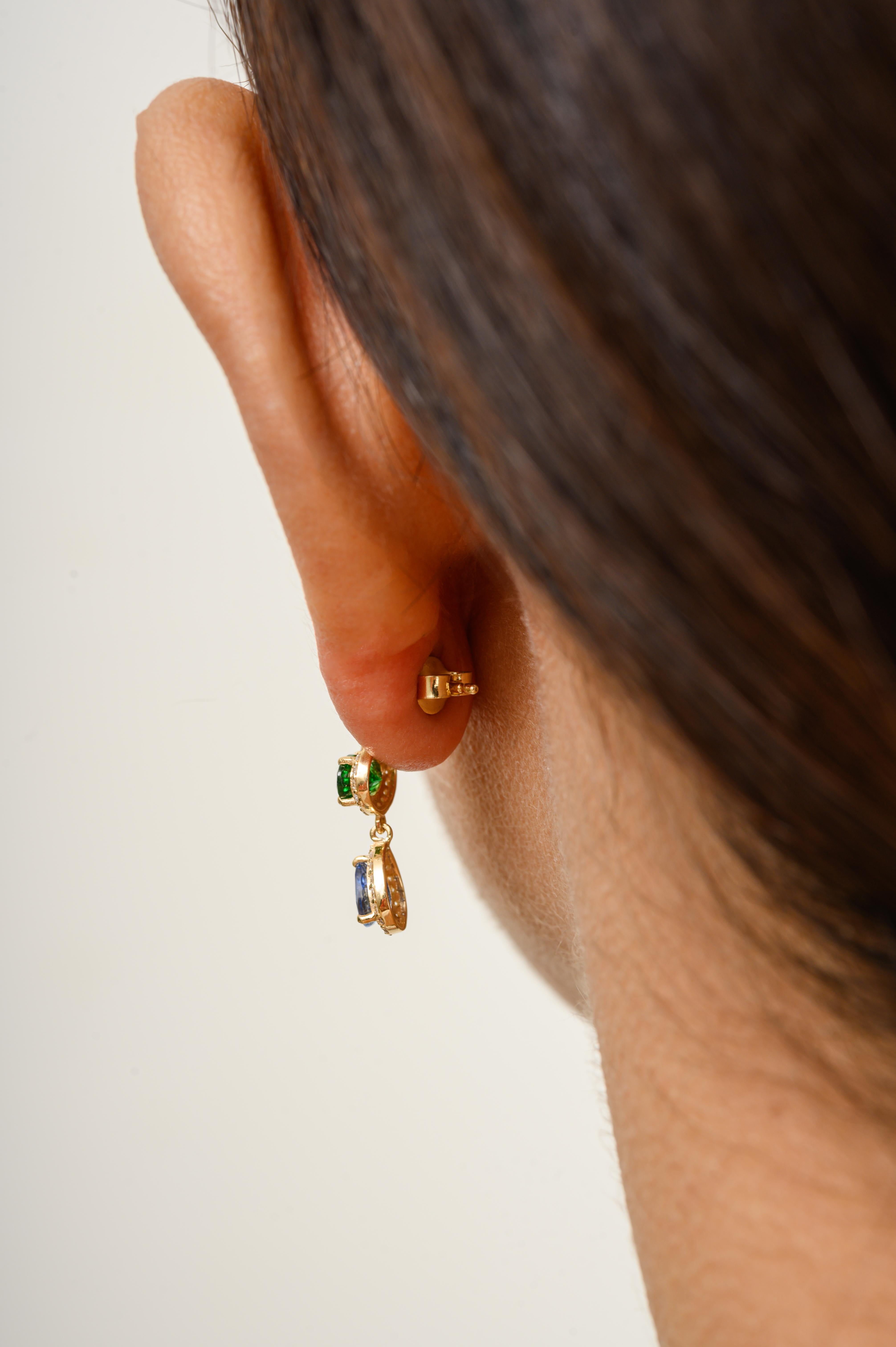 Women's Tsavorite Blue Sapphire Halo Diamond Dangle Earrings Made in 18k Yellow Gold For Sale