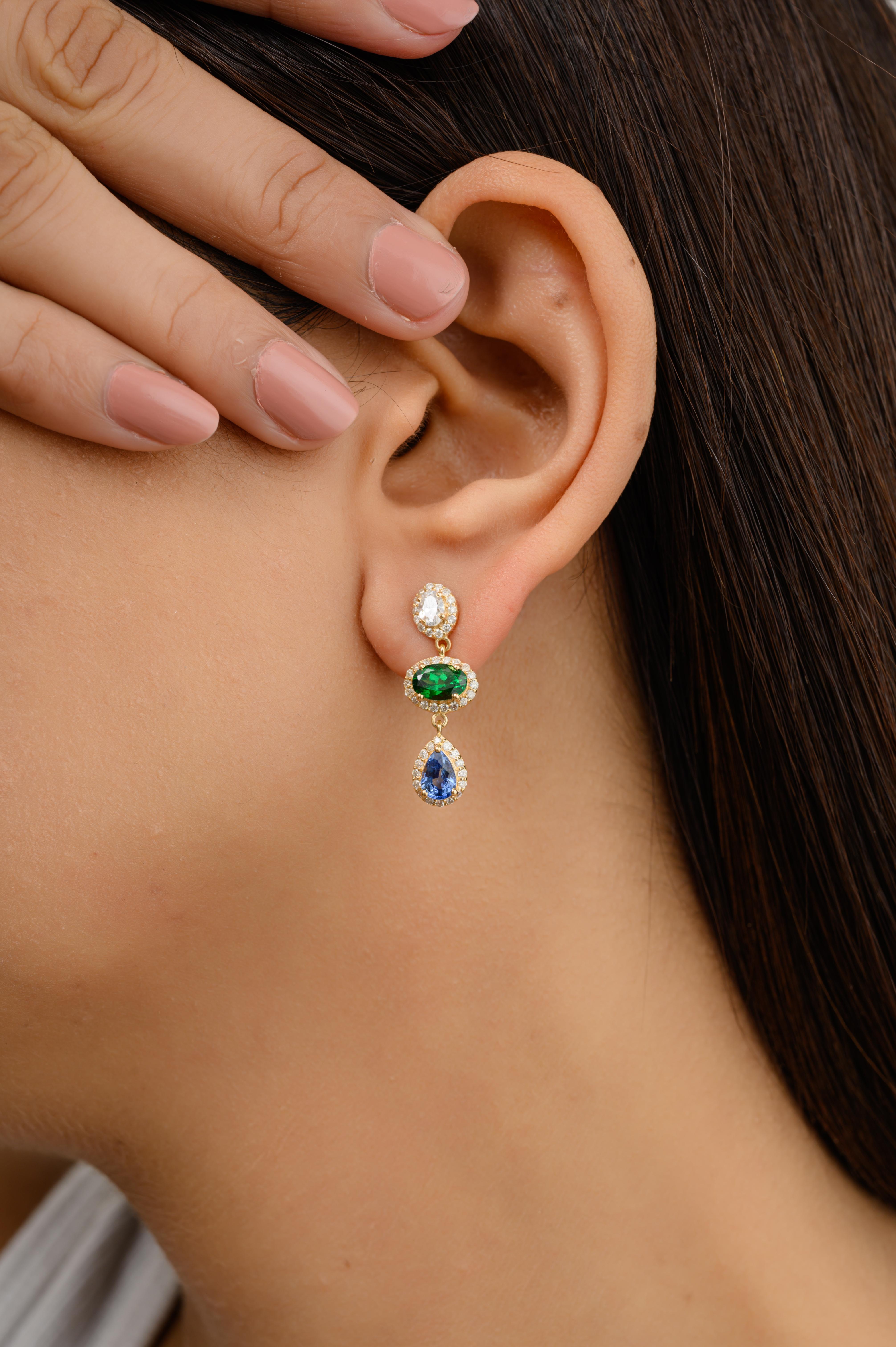 Tsavorite Blue Sapphire Halo Diamond Dangle Earrings Made in 18k Yellow Gold For Sale 1