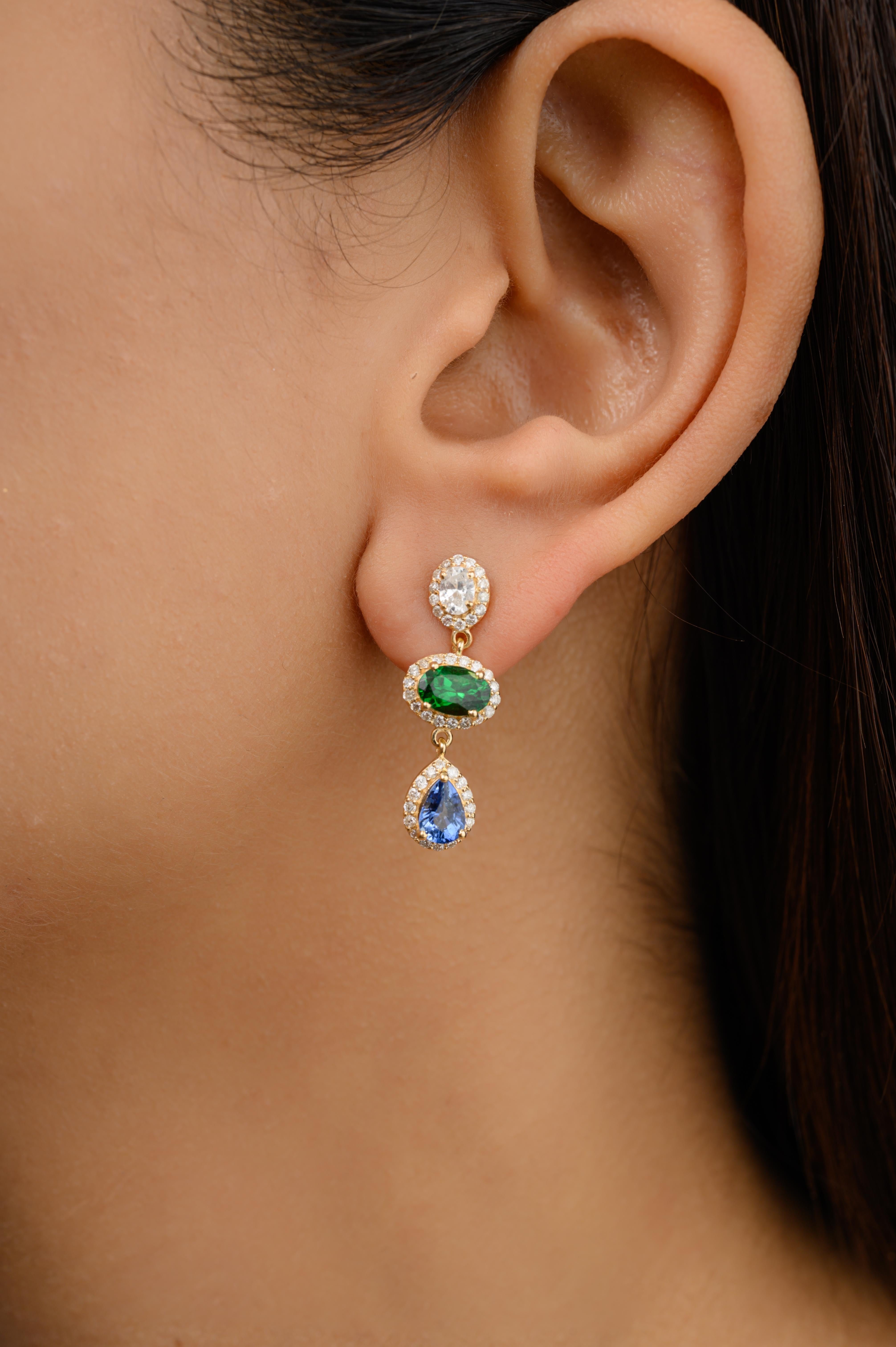 Tsavorite Blue Sapphire Halo Diamond Dangle Earrings Made in 18k Yellow Gold For Sale 3