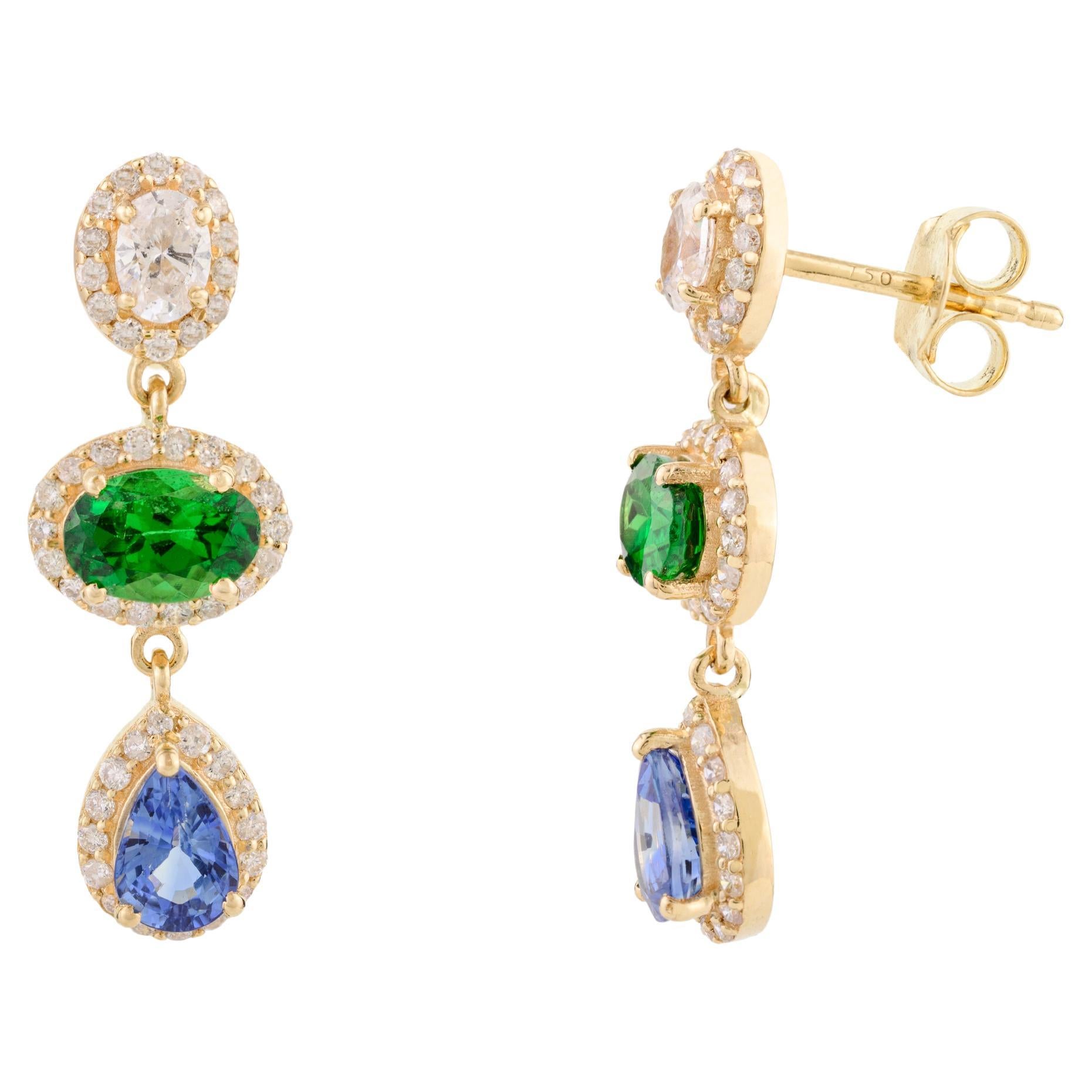 Tsavorite Blue Sapphire Halo Diamond Dangle Earrings Made in 18k Yellow Gold