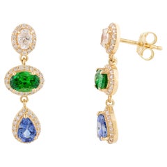 Tsavorite Blue Sapphire Halo Diamond Dangle Earrings Made in 18k Yellow Gold