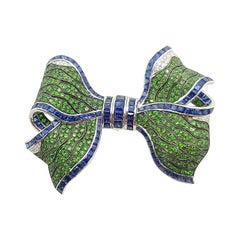 Tsavorite, Blue Sapphire with Diamond Bow Ribbon Brooch Set in 18k White Gold