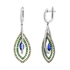 Tsavorite Blue Yellow Sapphire Diamond Earrings White 14K Gold for Her