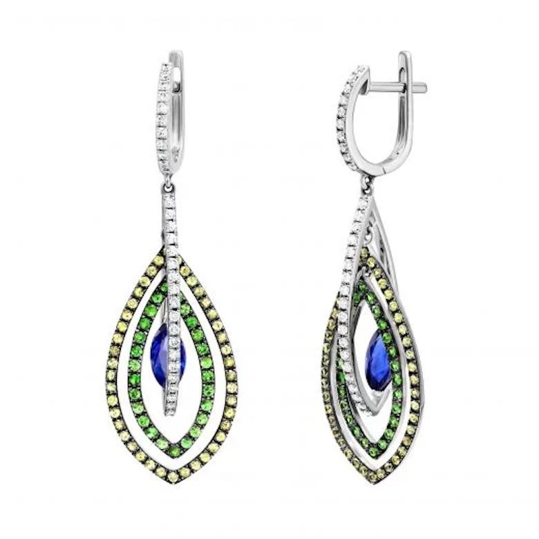 Rose Cut Tsavorite Blue Yellow Sapphire Diamond Earrings White 14K Gold for Her For Sale