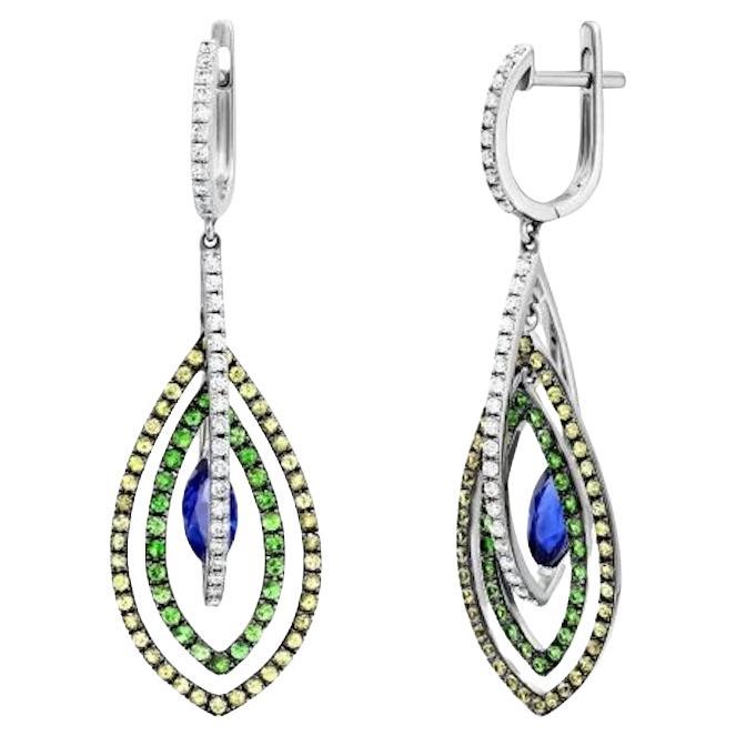 Tsavorite Blue Yellow Sapphire Diamond Earrings White 14K Gold for Her For Sale