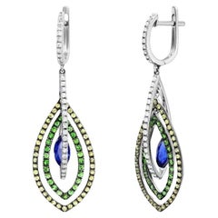 Boucles d'oreilles Tsavorite Bleu Jaune Saphir Diamant Or blanc 14K pour Elle