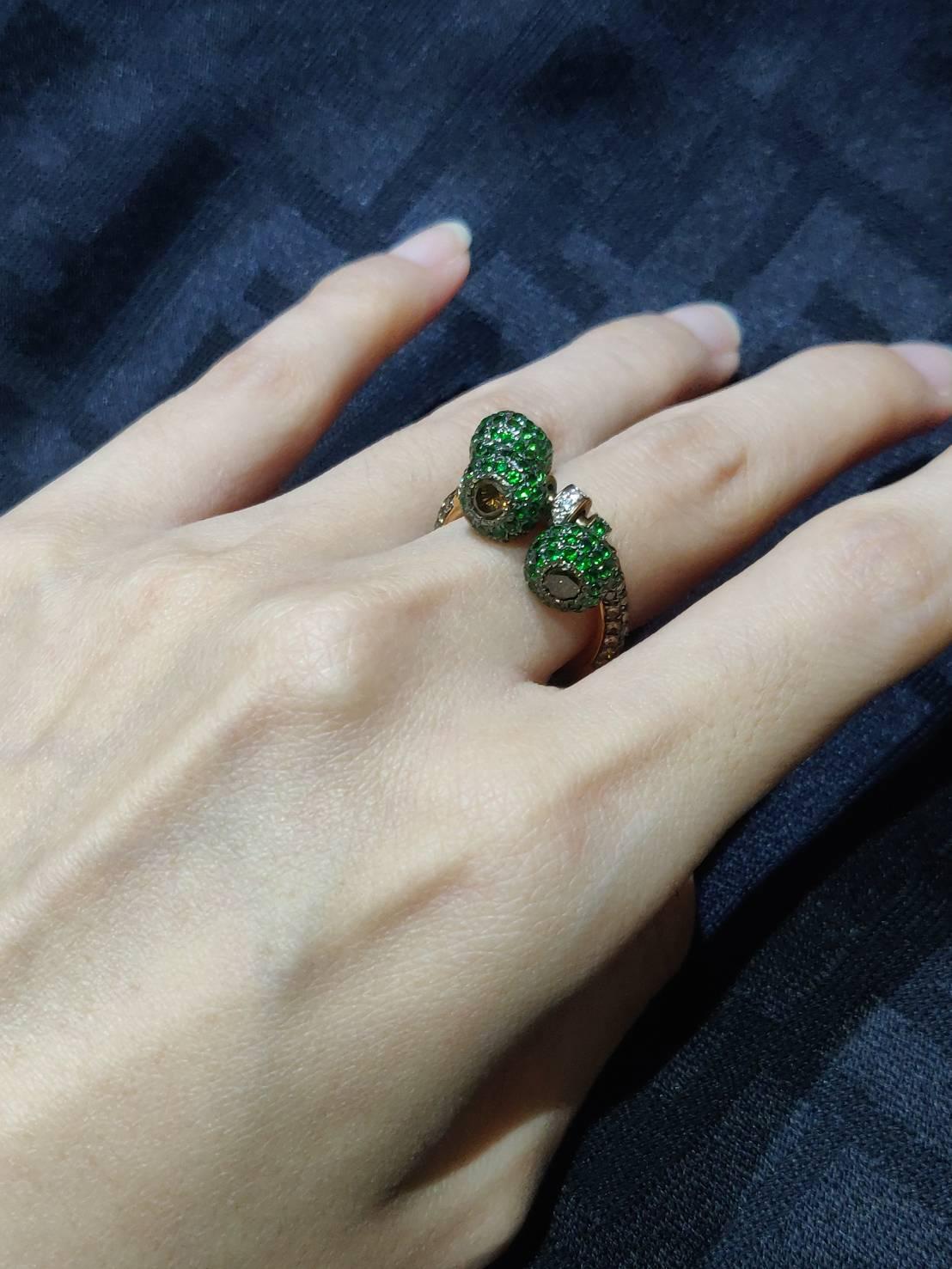 Tsavorite Brown and White Diamond Ball Charm Dangle Rose Gold Ring In New Condition In Bangkok, TH