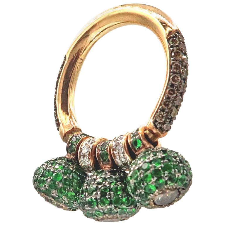 Tsavorite Brown and White Diamond Ball Charm Dangle Rose Gold Ring