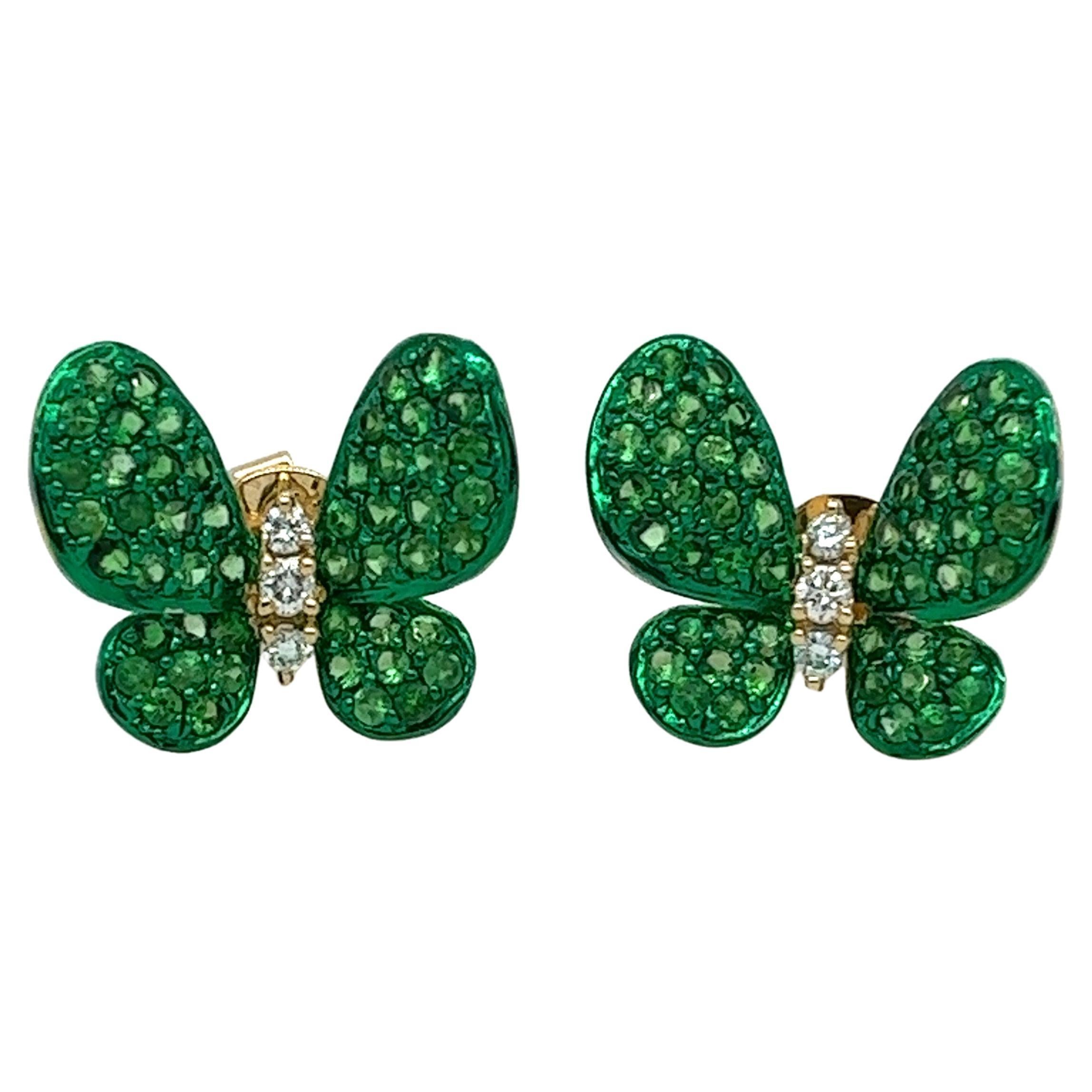 Tsavorite Butterfly Earrings in 18 Karat Yellow Gold For Sale