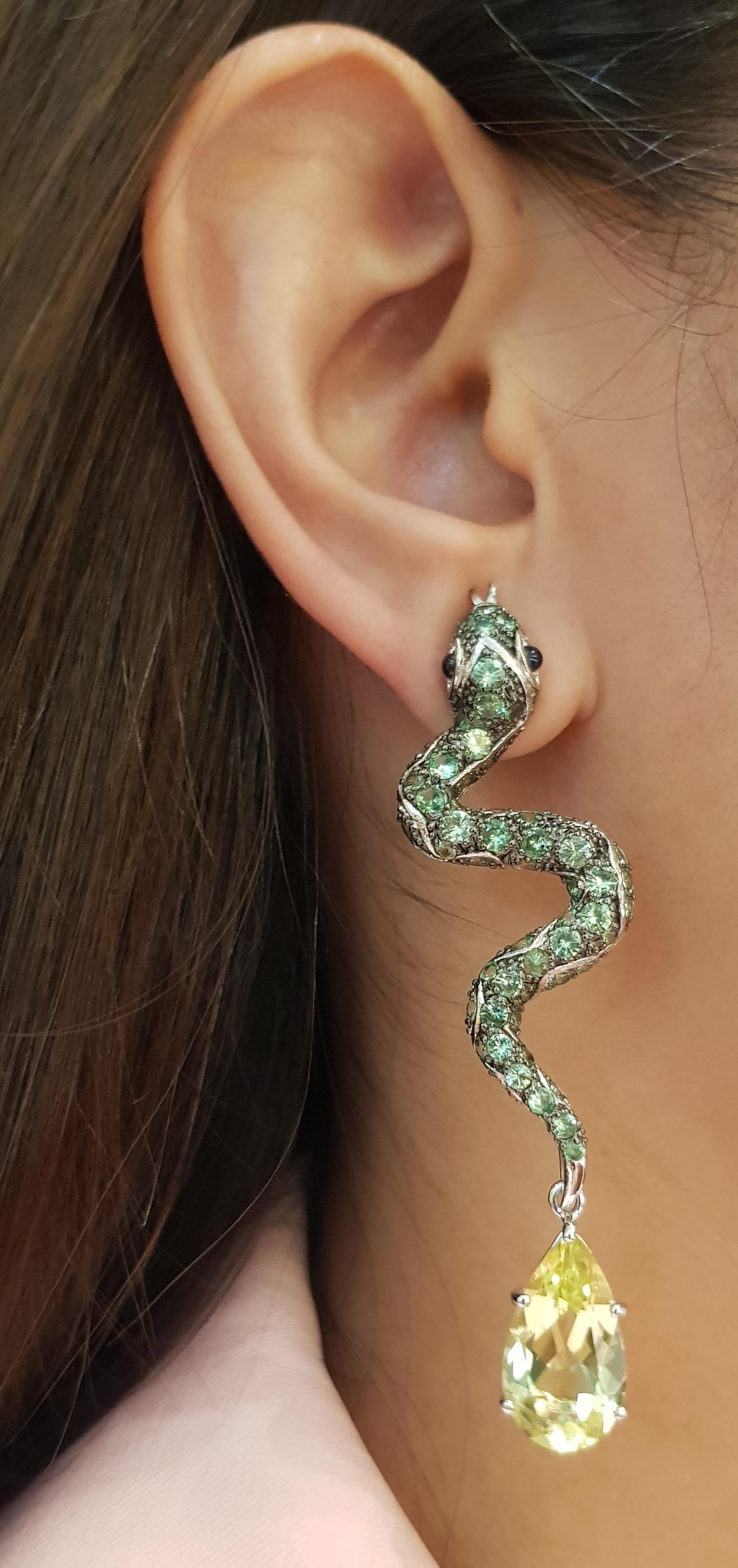 Tsavorite, Cabochon Blue Sapphire and Lemon Quartz Earrings in Silver Settings For Sale 4
