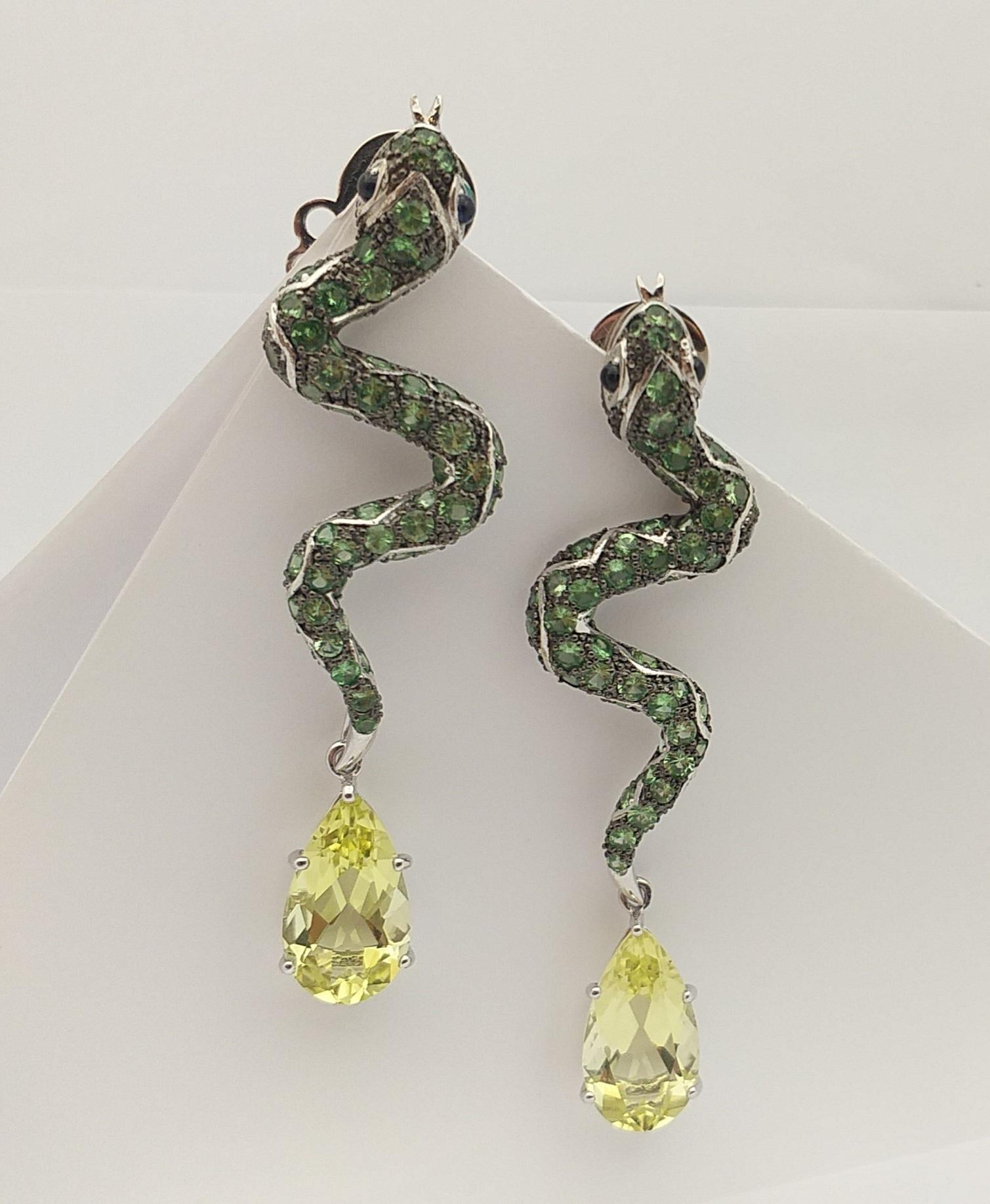 Contemporary Tsavorite, Cabochon Blue Sapphire and Lemon Quartz Earrings in Silver Settings For Sale