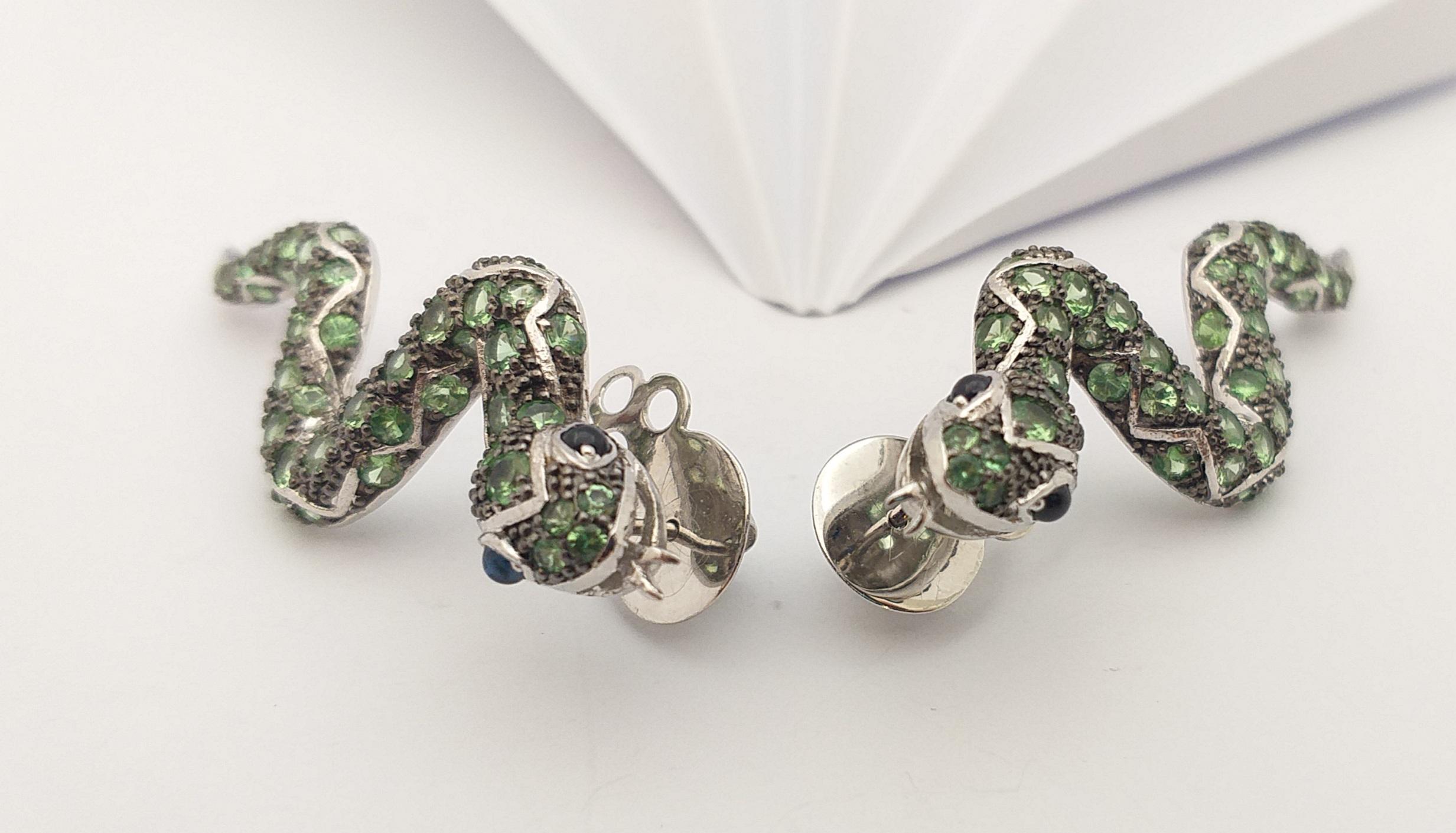 Mixed Cut Tsavorite, Cabochon Blue Sapphire and Lemon Quartz Earrings in Silver Settings For Sale